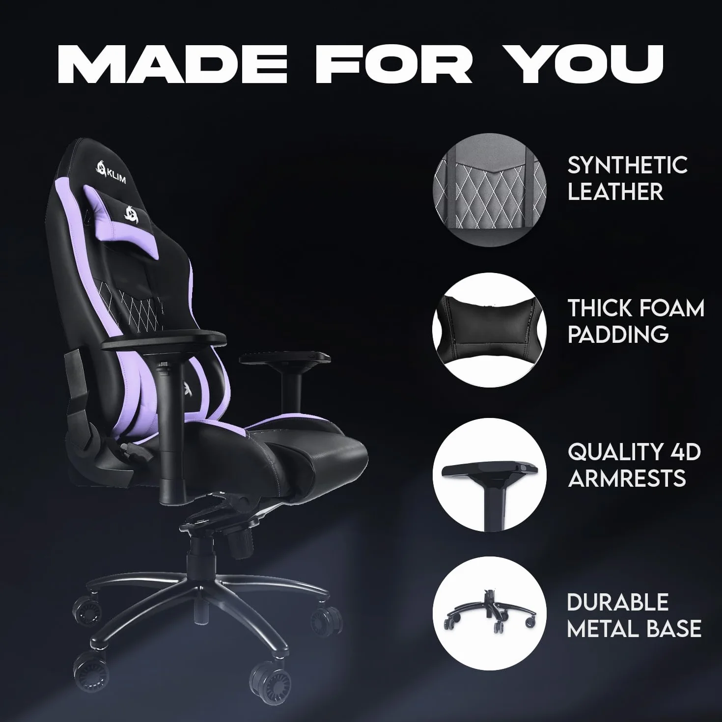 KLIM eSports Gaming Chair + z obsługą lędźwi i szyi + regulowany fotelik gier + ergonomiczny krzesło PC + skóra syntetyczna i materiały premium + Nowa wersja Czarny