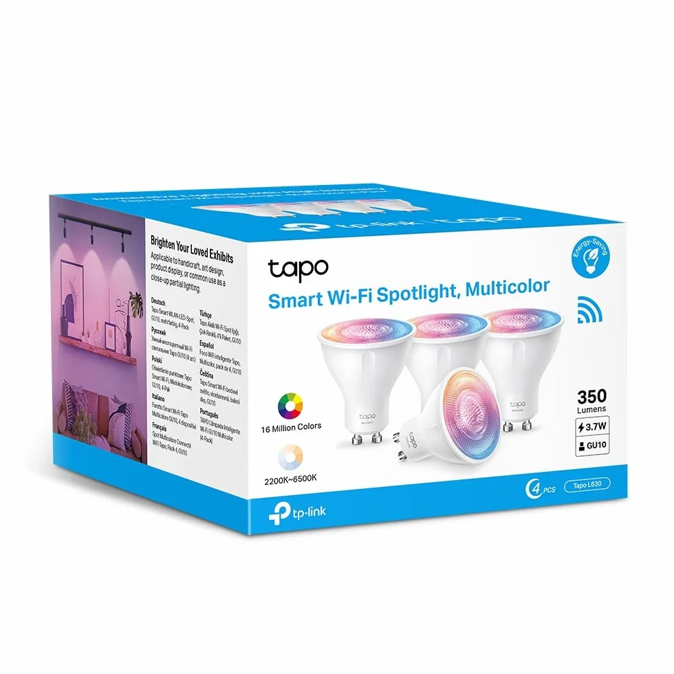 TP-Link Tapo L630 (4-pack) | Zestaw 4 inteligentnych żarówek Wi-Fi GU10 RGB | Ściemnialne | Sterowanie przez aplikację Tapo | Kompatybilne z Alexa i Google Home