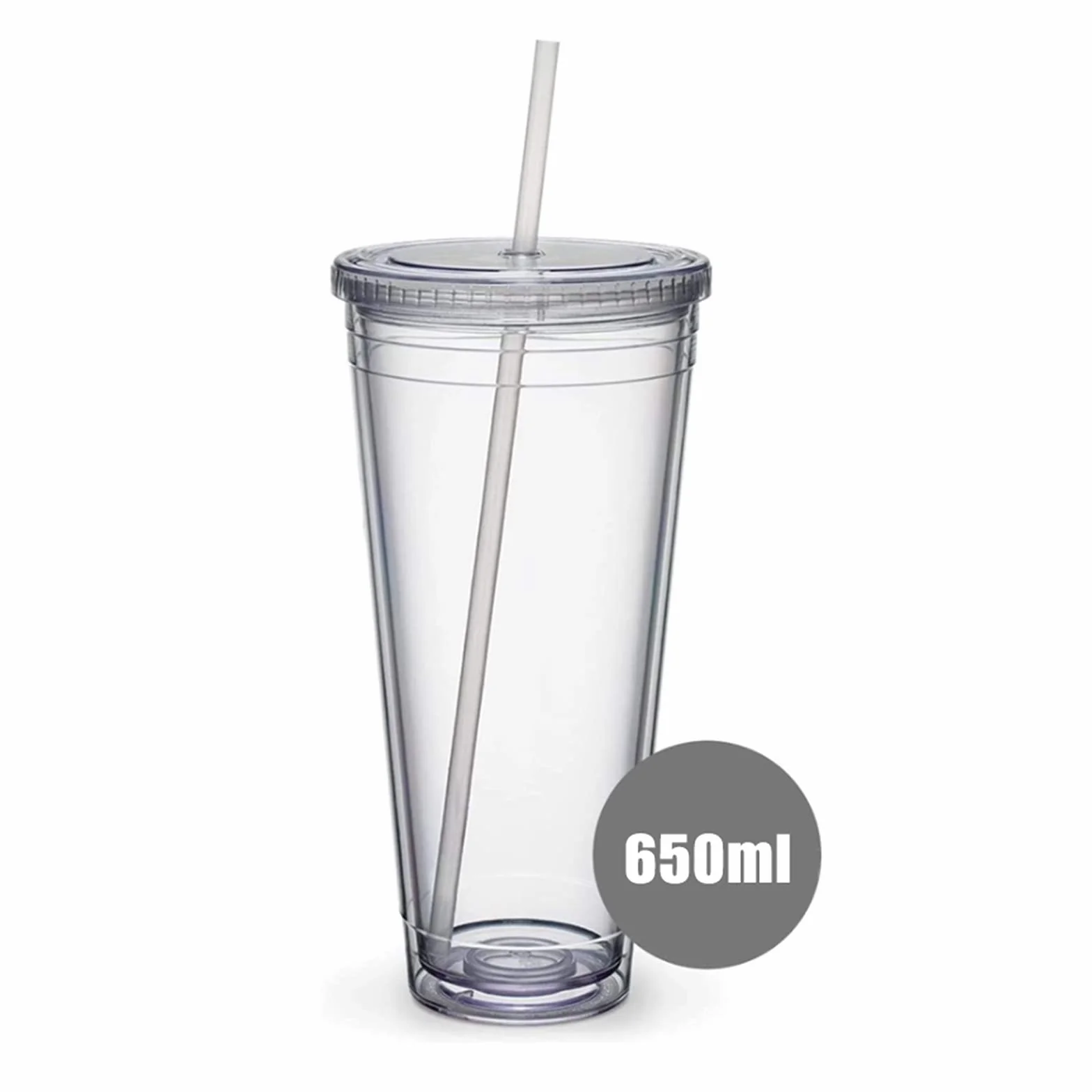 Plastikowy kubek podróżny ze słomką, dwuwarstwowy kubek z tworzywa sztucznego, szczelny kubek na sok owocowy, smoothie, kawę, kawę mrożoną (650 ml)