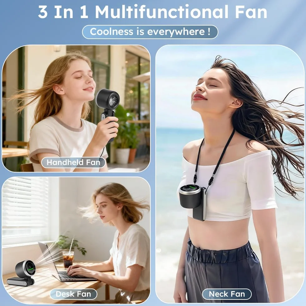 AUAUY Przenośny ręczny wentylator turbo, 5 regulowanych prędkości wentylatora, ręczny wentylator biurkowy 3 w 1, ładowanie USB-C 3600 mAh, składany wentylator biurkowy LED o 180°, do podróży, na