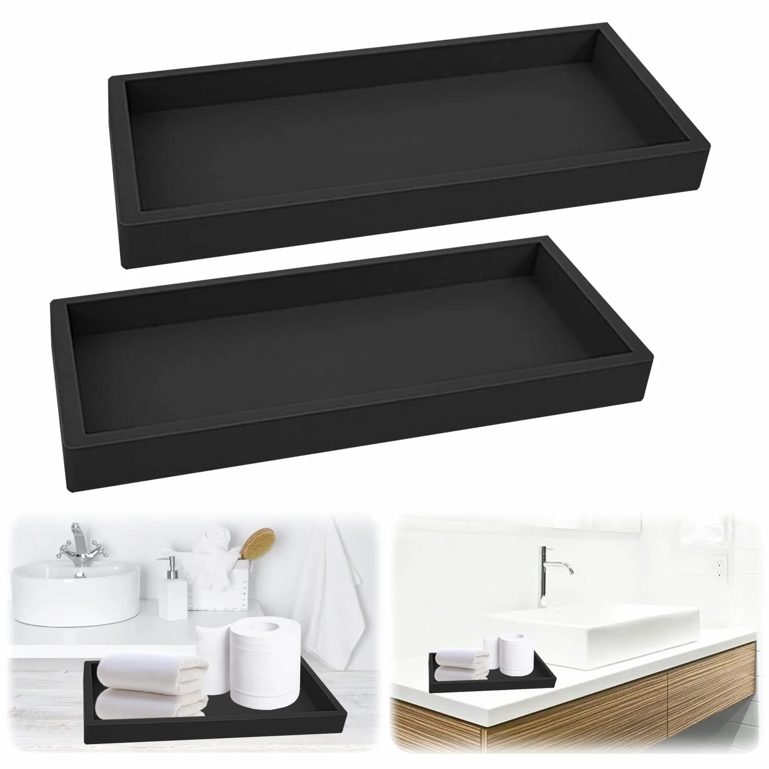 Qivine 2 sztuki tac łazienkowych, 30 x 12 x 1,8 cm, prostokątne, silikonowe, czarne, dekoracyjne, toaletka, taca łazienkowa, na biżuterię, świece, ręczniki, mydło