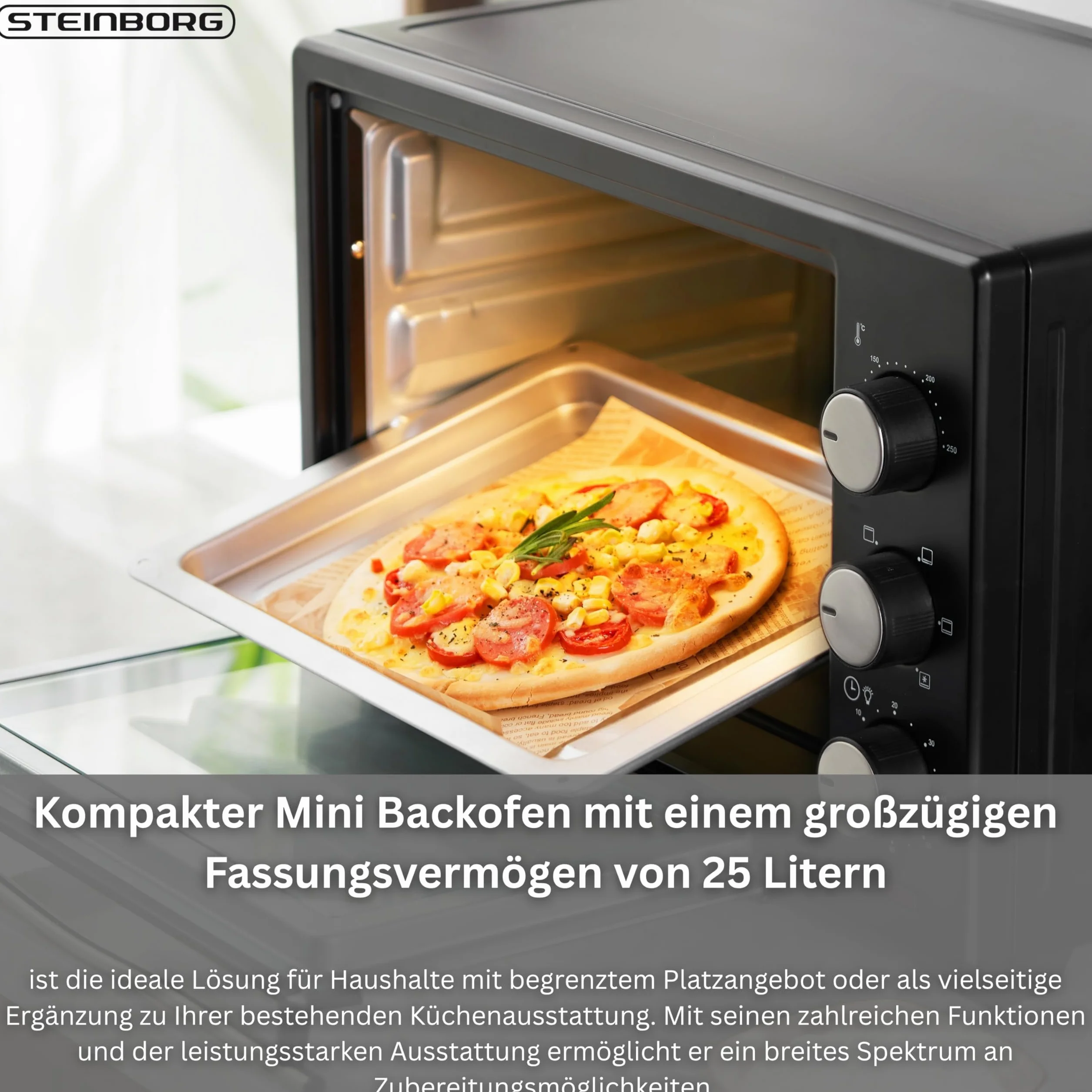 Steinborg mini piekarnik z termoobiegiem 1600 W 25 litrów piec do pizzy