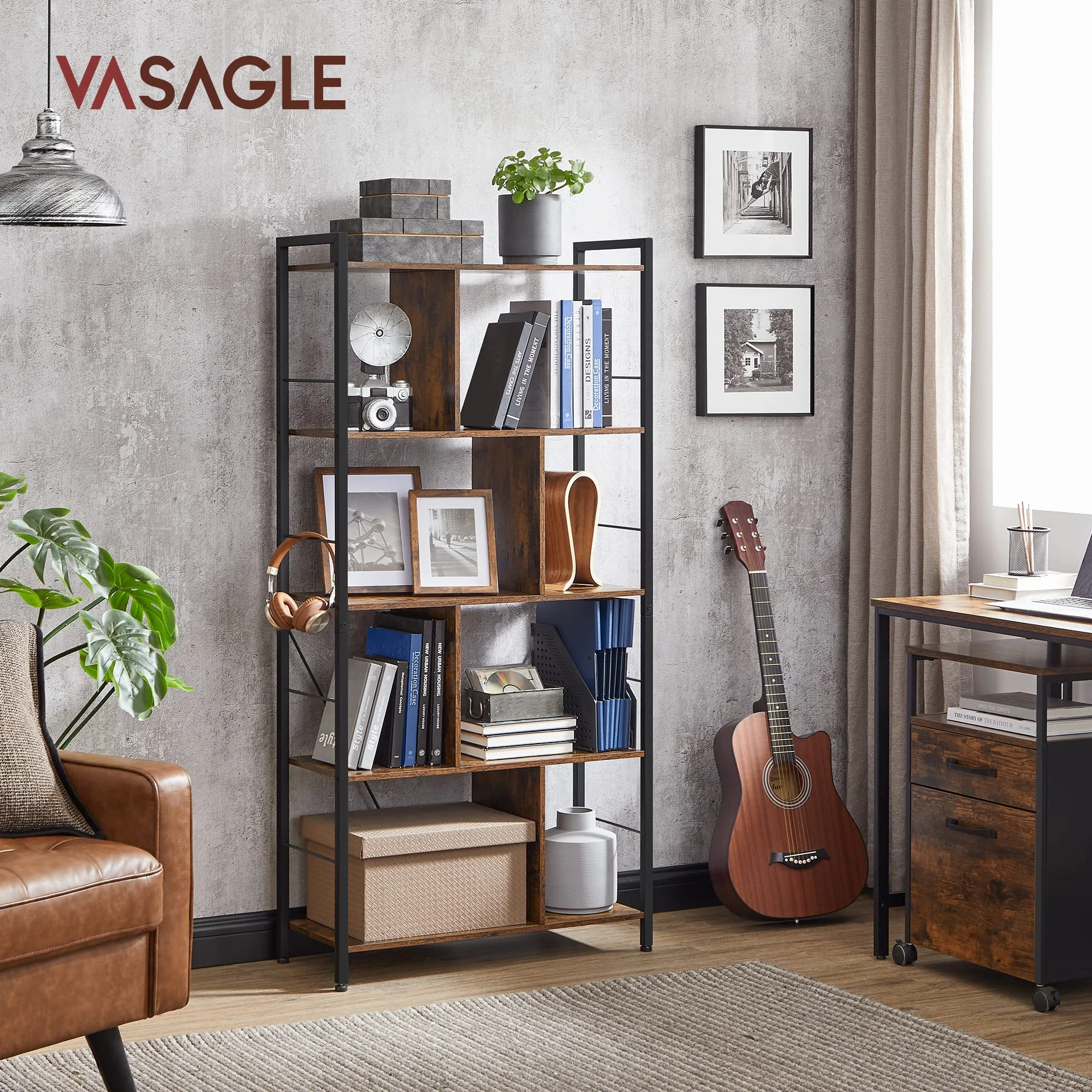 VASAGLE regał, półka z 5 poziomami, półka stojąca, półka biurowa, otwarte przegródki, design przemysłowy, do salonu, sypialni, biura, gabinetu, biura domowego, vintage brązowo-czarny LBC121B01