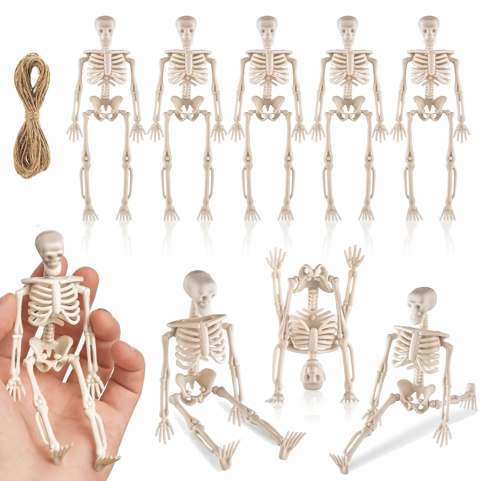 Hebterrka 8 sztuk dekoracyjnych mini szkieletowych figurek na Halloween, 15 cm, wysuwane plastikowe szkielety na straszną dekorację domu na Halloween, dekoracja domu duchów i prezenty na imprezę
