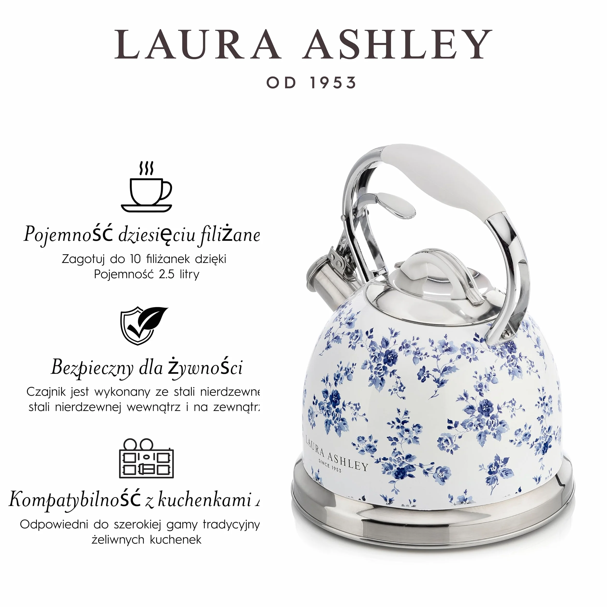 Laura Ashley China Rose Czajnik Indukcyjny 2,5 L Gwizdający Szybko Gotujący na Kuchenkę Gazową