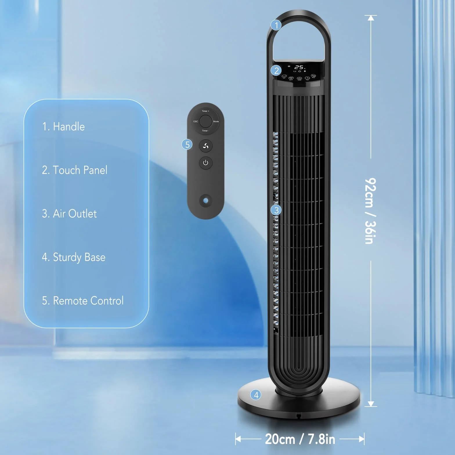 Wentylator wieżowy 92 cm 3 tryby 3 prędkości 1-12H timer 70° oscylacyjny z pilotem czarny