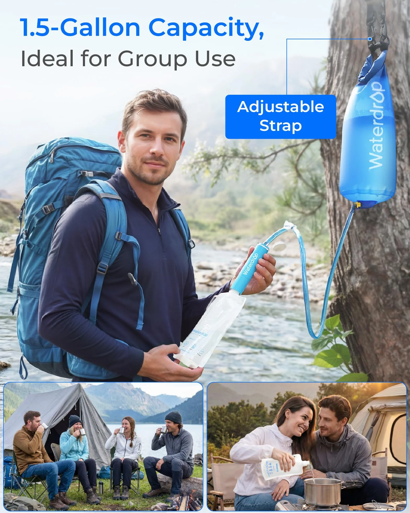 Waterdrop Gravity Filtr do wody Waterdrop Gravity, kempingowy system filtracji wody, podróżny oczyszczacz wody, na wypadek sytuacji awaryjnej, worek 5,7 l, ​​0,1 mikrona, 5-stopniowa filtracja