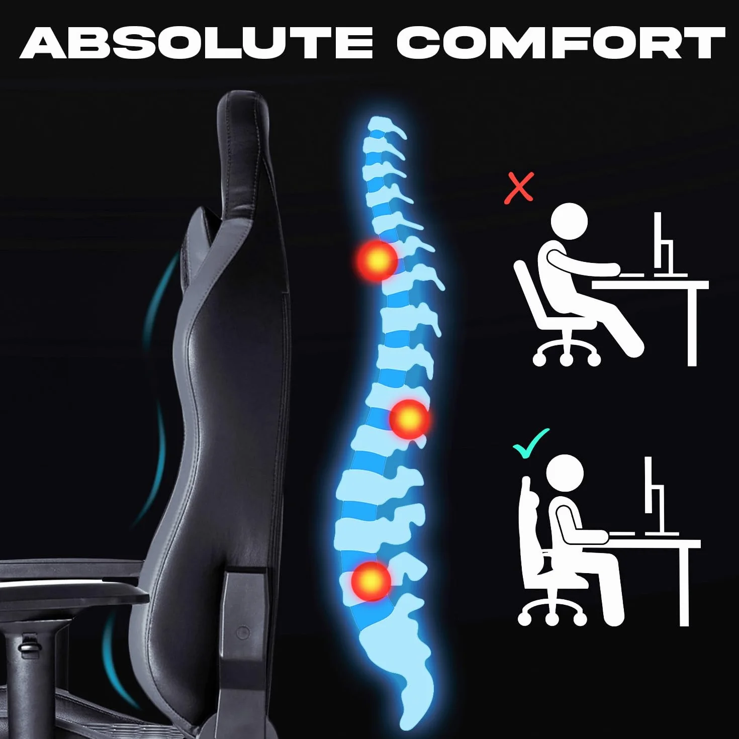 KLIM eSports Gaming Chair + z obsługą lędźwi i szyi + regulowany fotelik gier + ergonomiczny krzesło PC + skóra syntetyczna i materiały premium + Nowa wersja Czarny