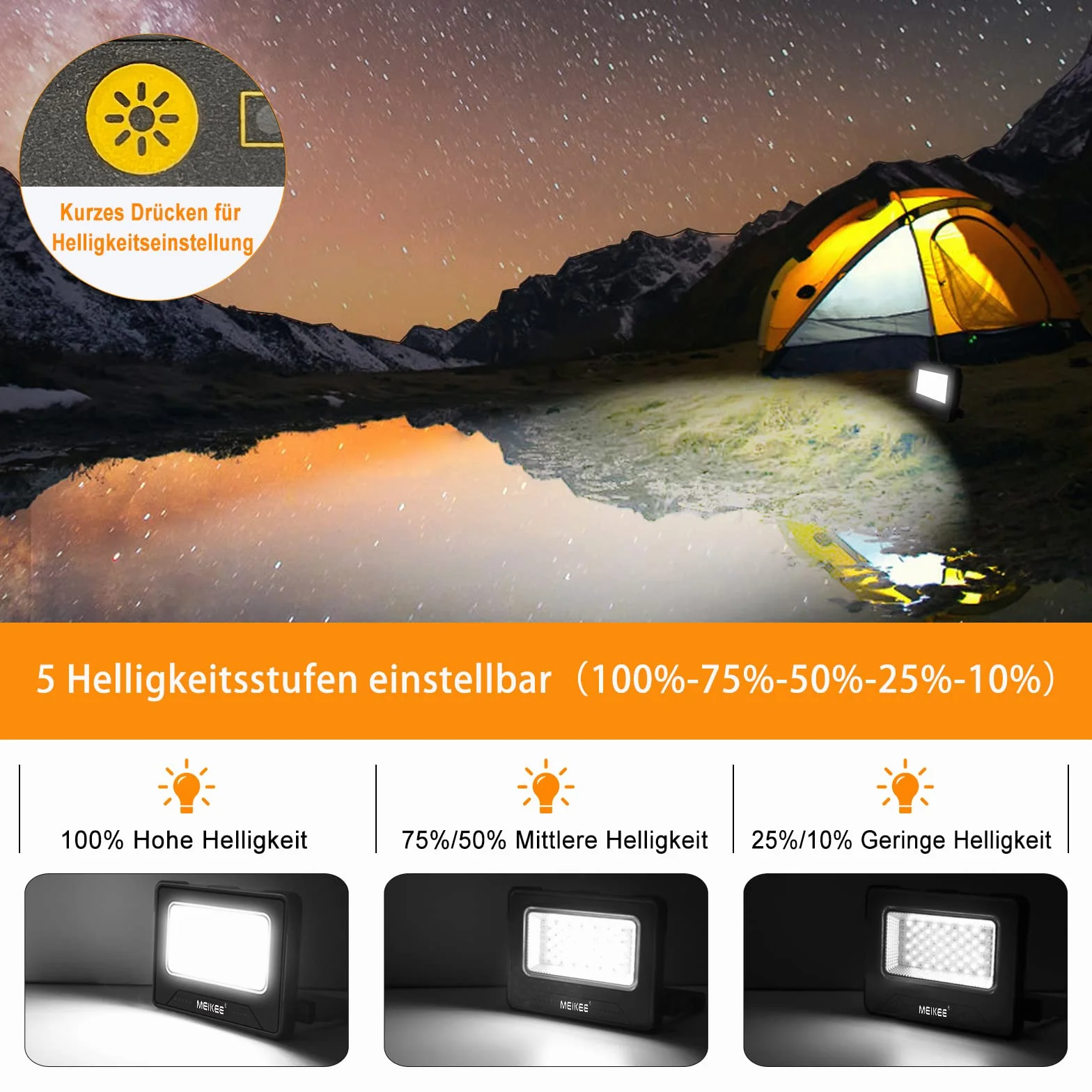 MEIKEE Reflektor budowlany LED 80W, lampa robocza LED 12000mAh, reflektor akumulatorowy, 4 tryby świecenia, lampa kempingowa, przenośna, 5 poziomów jasności, ładowanie solarne i USB, lampa