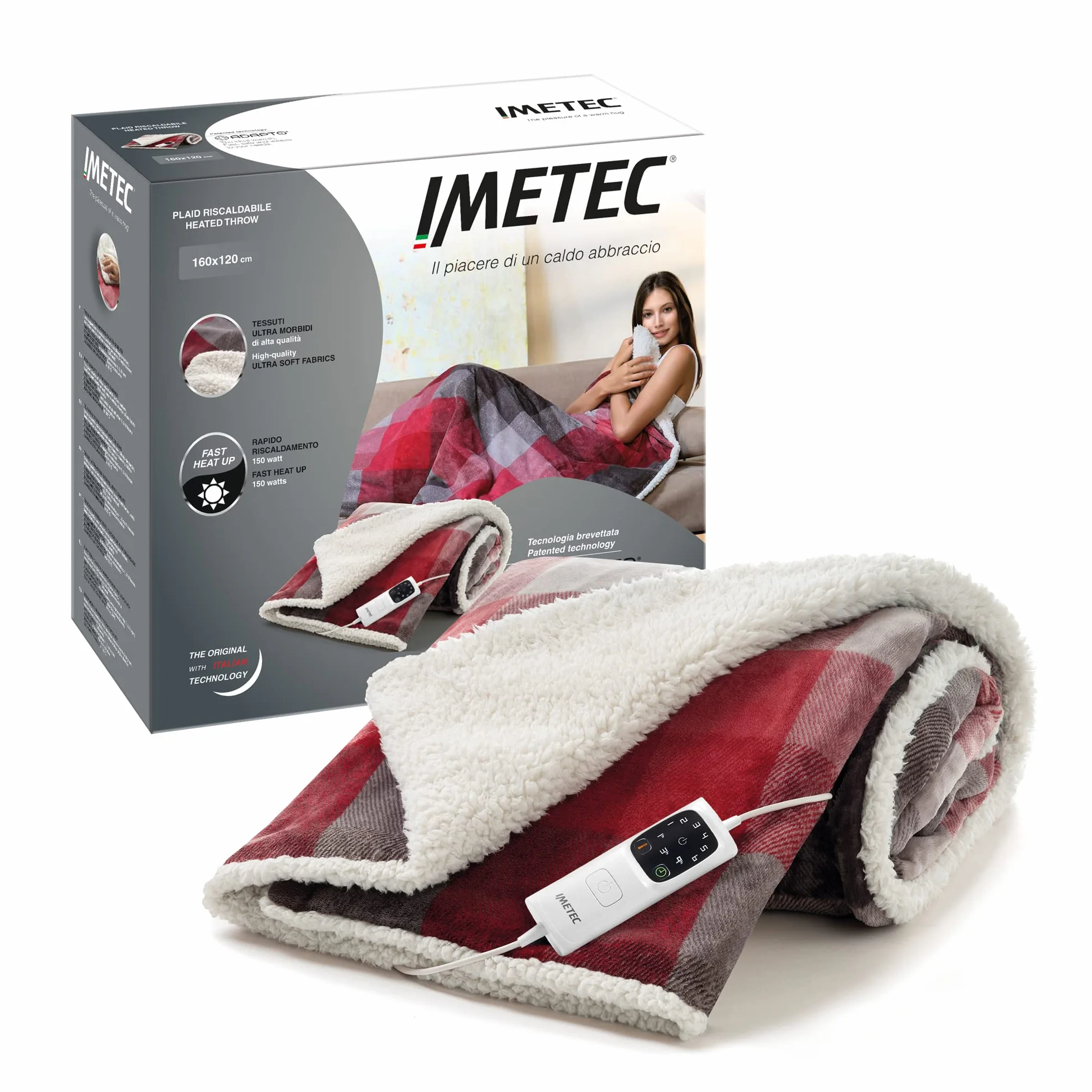 Imetec Adapto Velvet Tartan koc elektryczny, 160 x 120 cm, z miękkiej tkaniny, niskie zużycie, technologia Adapto, bezpieczny, szybkie nagrzewanie, 6 temperatur, nadaje się do prania