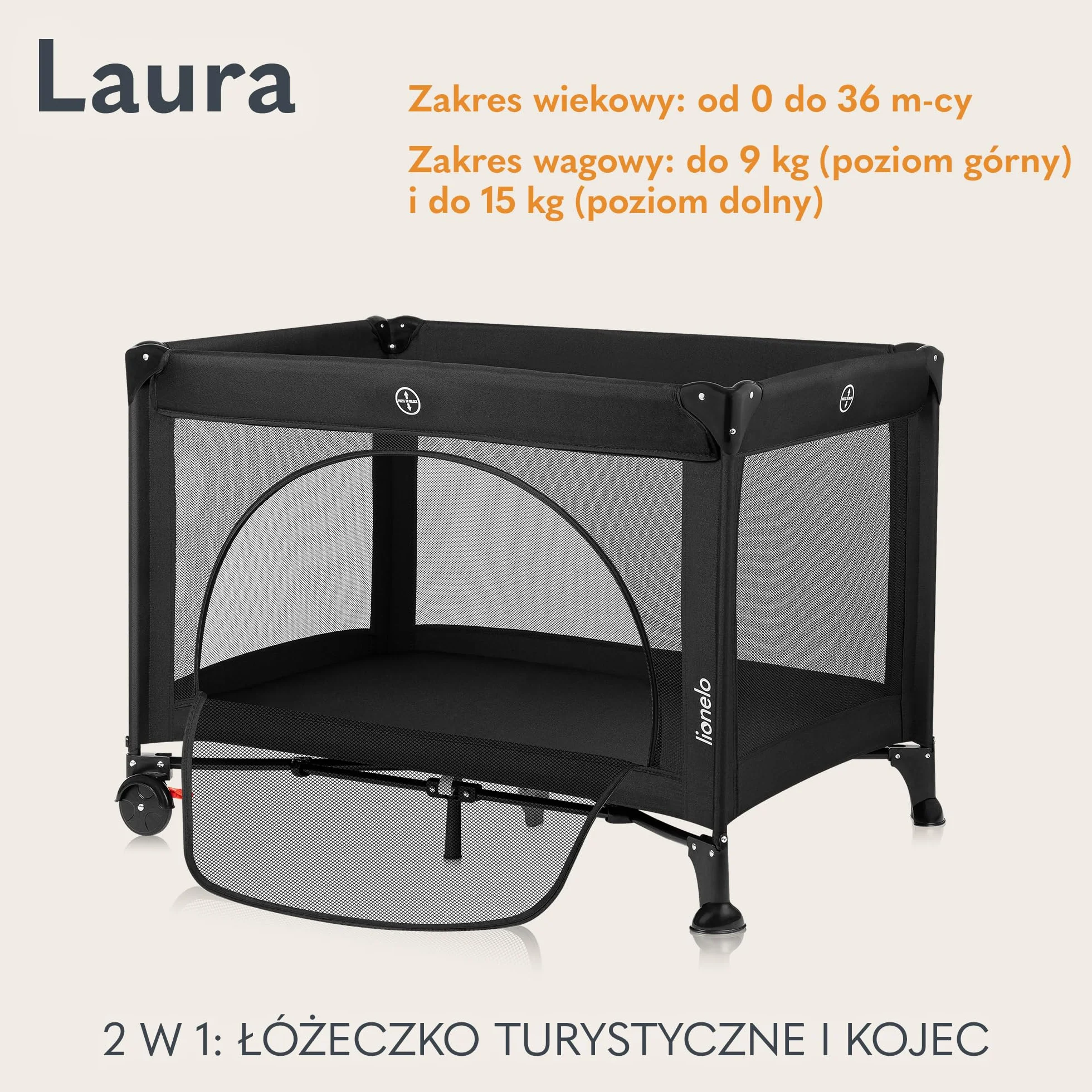 LIONELO LAURA Łóżeczko Turystyczne 2w1 do 15 Kg Kojec dziecięcy od 0 do 36 miesięcy Boczne Wejście Piankowy Materac T25, 2 Poziomy Wysokości, Torba Podróżna, Koła z Hamulcem