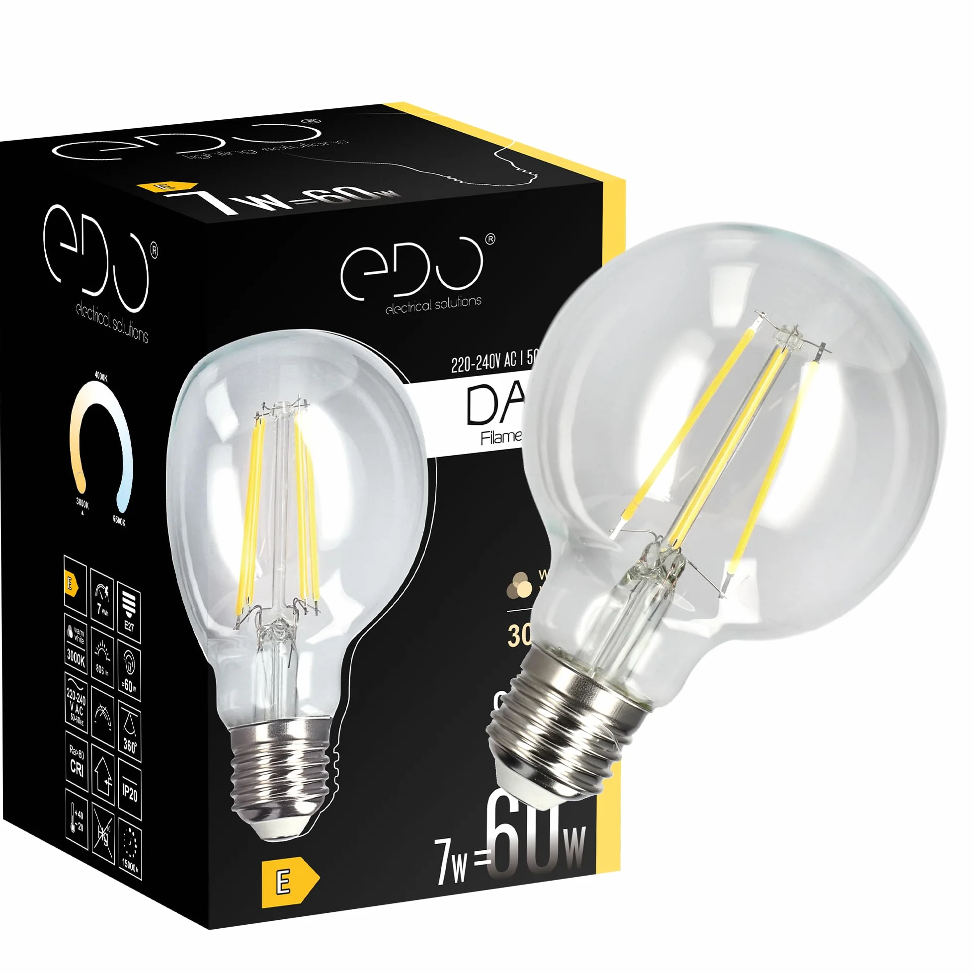 EDO Dekoracyjna Żarówka Vintage LED DARI E27 Filament 7W Ciepła Biel 3000K 806lm CLEAR G80 Oświetlenie Dekoracyjne do Lamp, Kinkietów
