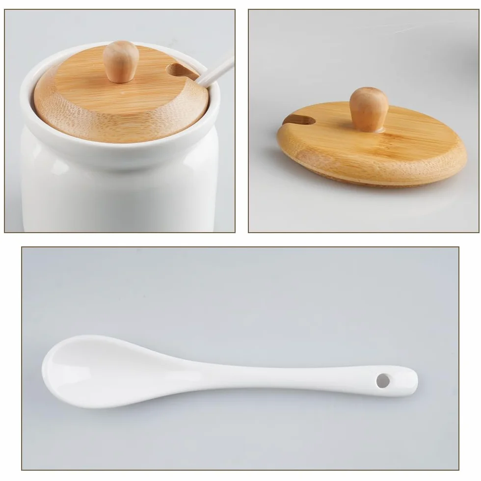 Ceramiczne słoiki na cukier z pokrywką, puszka na cukier biała, hermetyczna puszka na kawę, z małą łyżeczką ceramiczną do kawy, cukru, herbaty, przypraw itd. (180 ml 6,8 x 8 cm)
