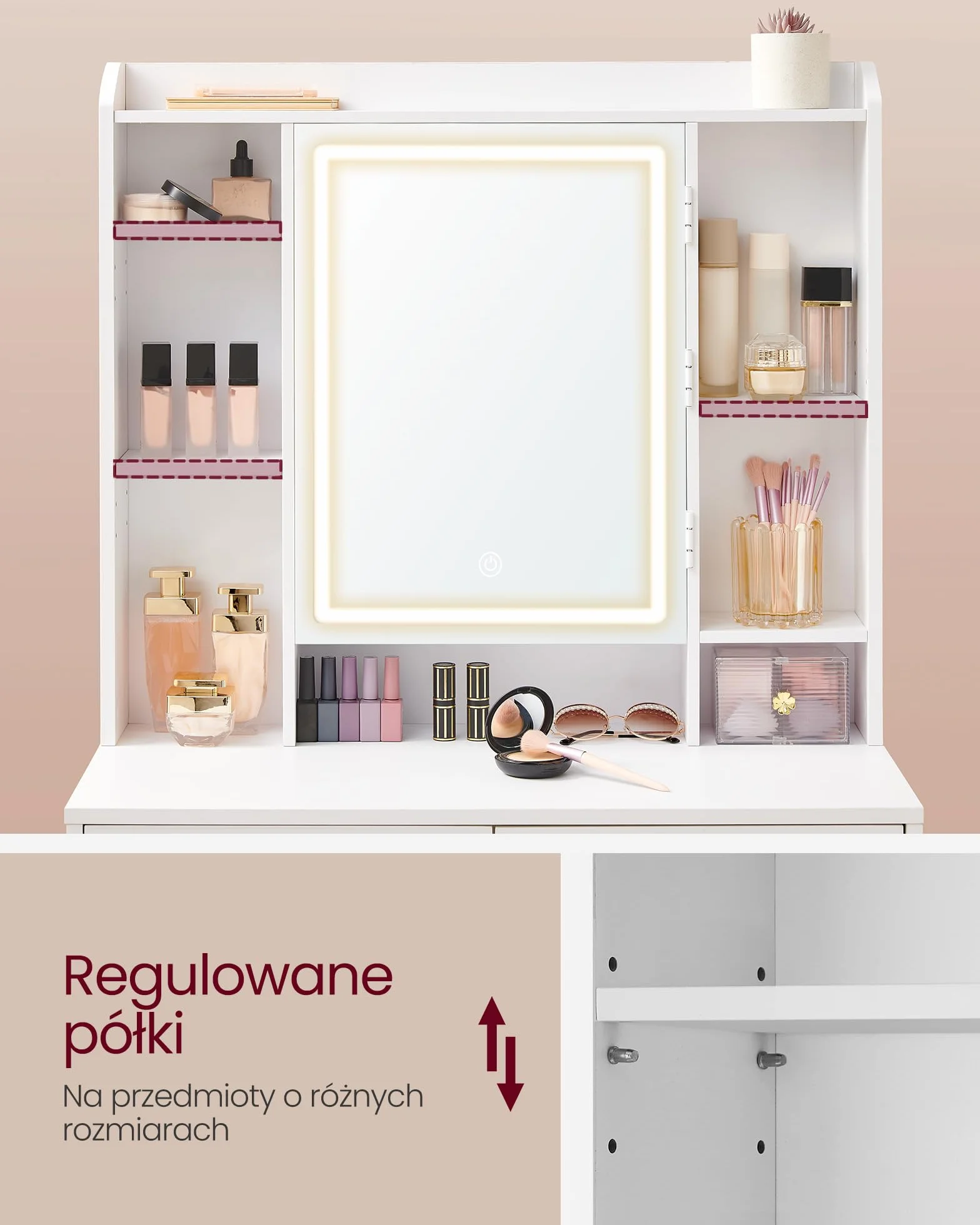 VASAGLE Kolekcja KAILYN – Toaletka z oświetleniem LED, 3 regulowane barwy światła, toaletka z lustrem, szuflady, otwarte przegródki, z taboretem, regulowane półki, kolor biały chmurowy RDT125WB01