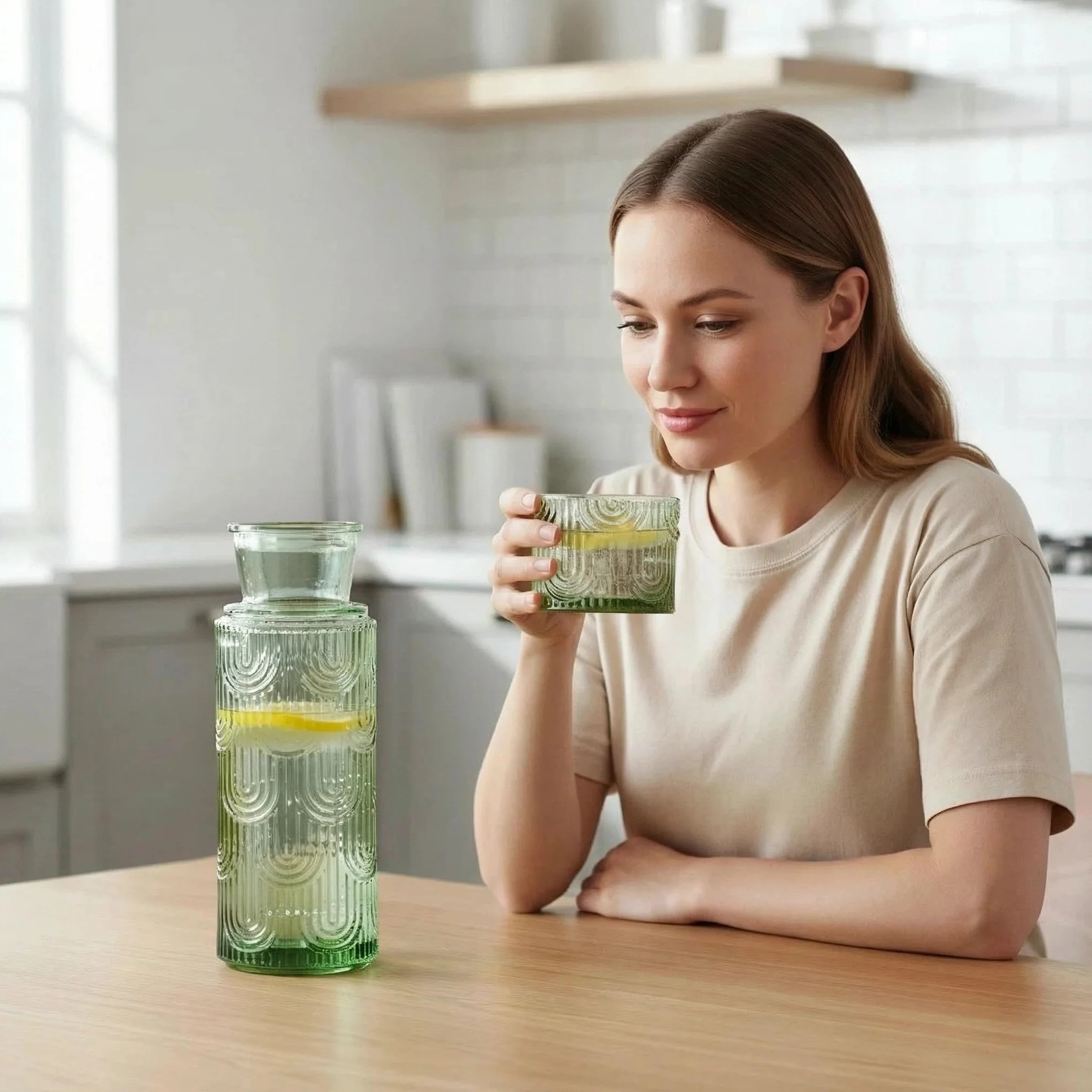 Nocna karafka na wodę i zestaw szklanek, dozownik wody do płukania ust do łazienki, 600 ml, szklany dzbanek z pokrywką 170 ml, do kuchni, sypialni i jadalni (zielony)