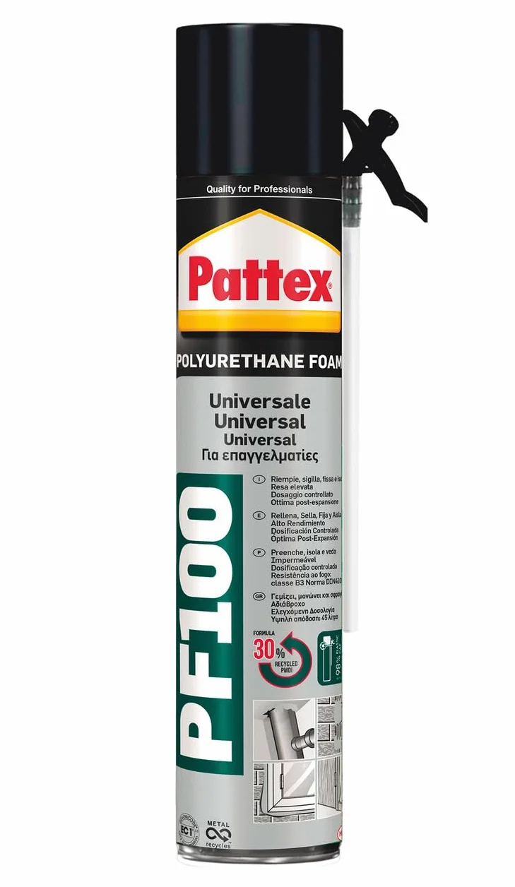 Pattex Pianka poliuretanowa, uniwersalna pianka poliuretanowa, PF 100, ognioodporna do wypełnienia, izolacji, izolacji akustycznej i uszczelniania armatury, instalacji grzewczych, chłodzenia, 750 ml