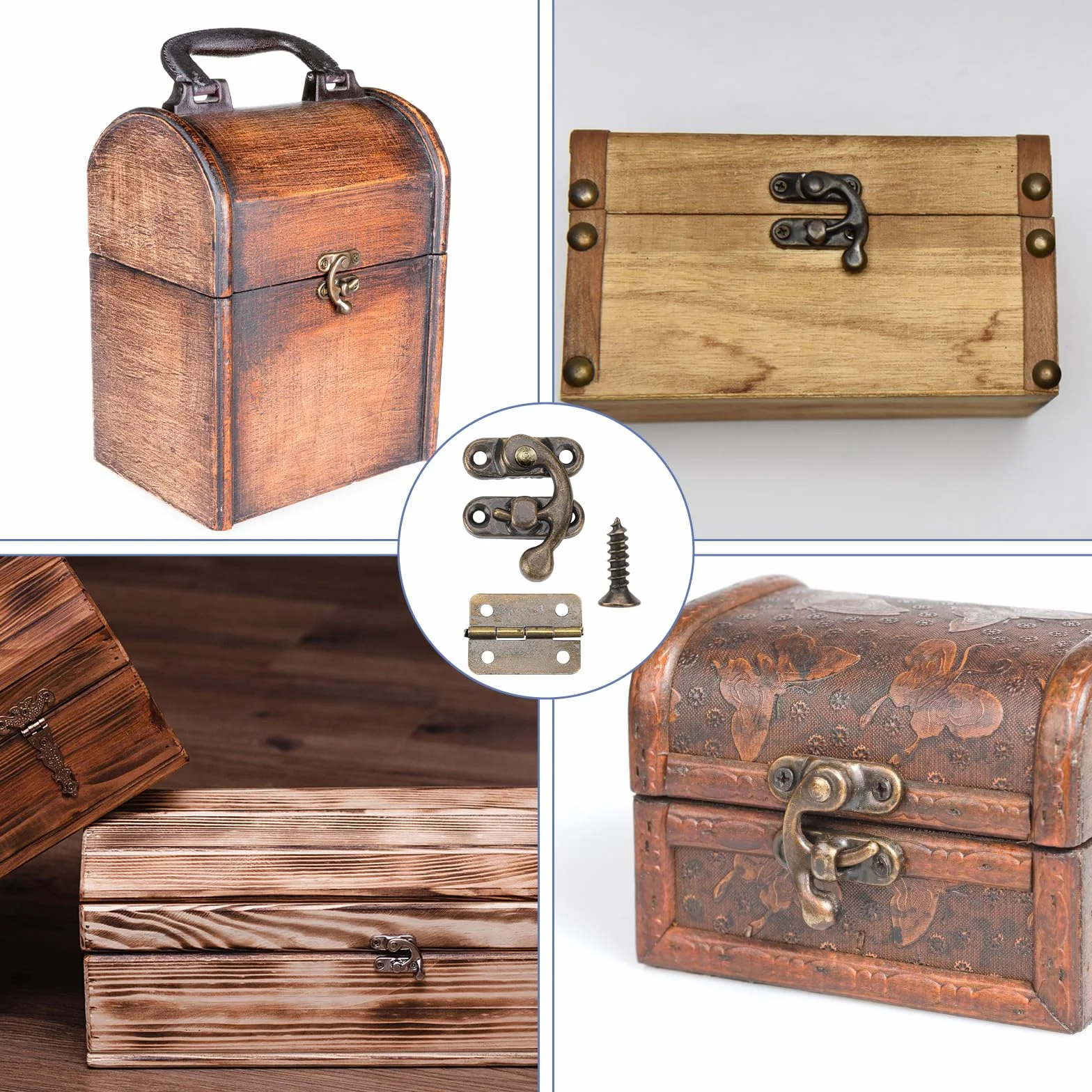 Antyczne zapięcie w stylu vintage, prawe haki ryglowe, 2 sztuki, antyczna klamra skrzynkowa, akcesoria i 4 małe zawiasy składane z 30 śrubami do drewnianej skrzynki, szuflady, biżuterii, pudełek,