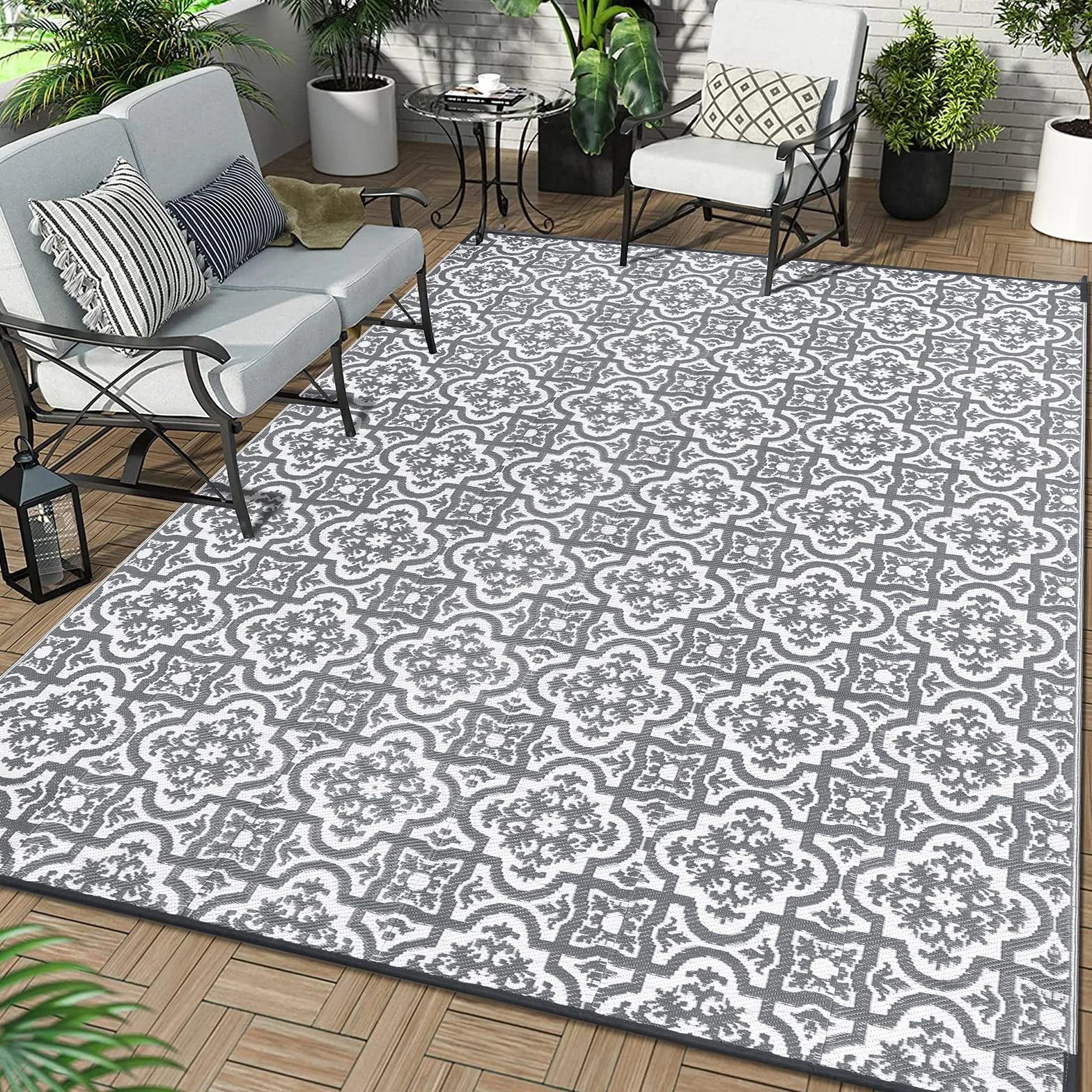 Enyhom Duży dywan na zewnątrz do ogrodu, 180 x 270 cm, wodoodporny, na patio, szary, nadruk, dwustronna mata, lekki samochód kempingowy, na zewnątrz, dywanik z tworzywa sztucznego, słomkowy dywan na