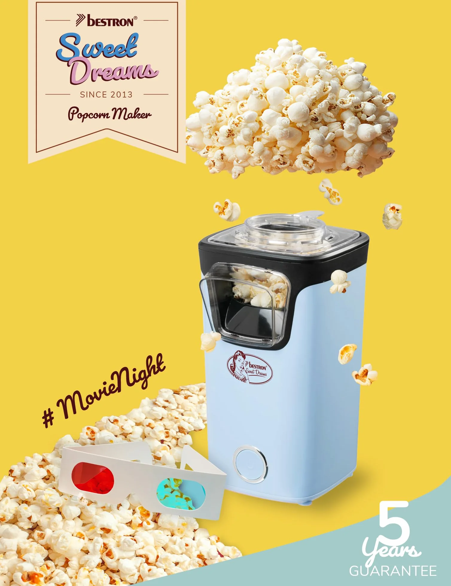 Bestron Maszyna do popcornu z technologią gorącego powietrza, turbopopcorn, 10 torebek, Sweet Dreams