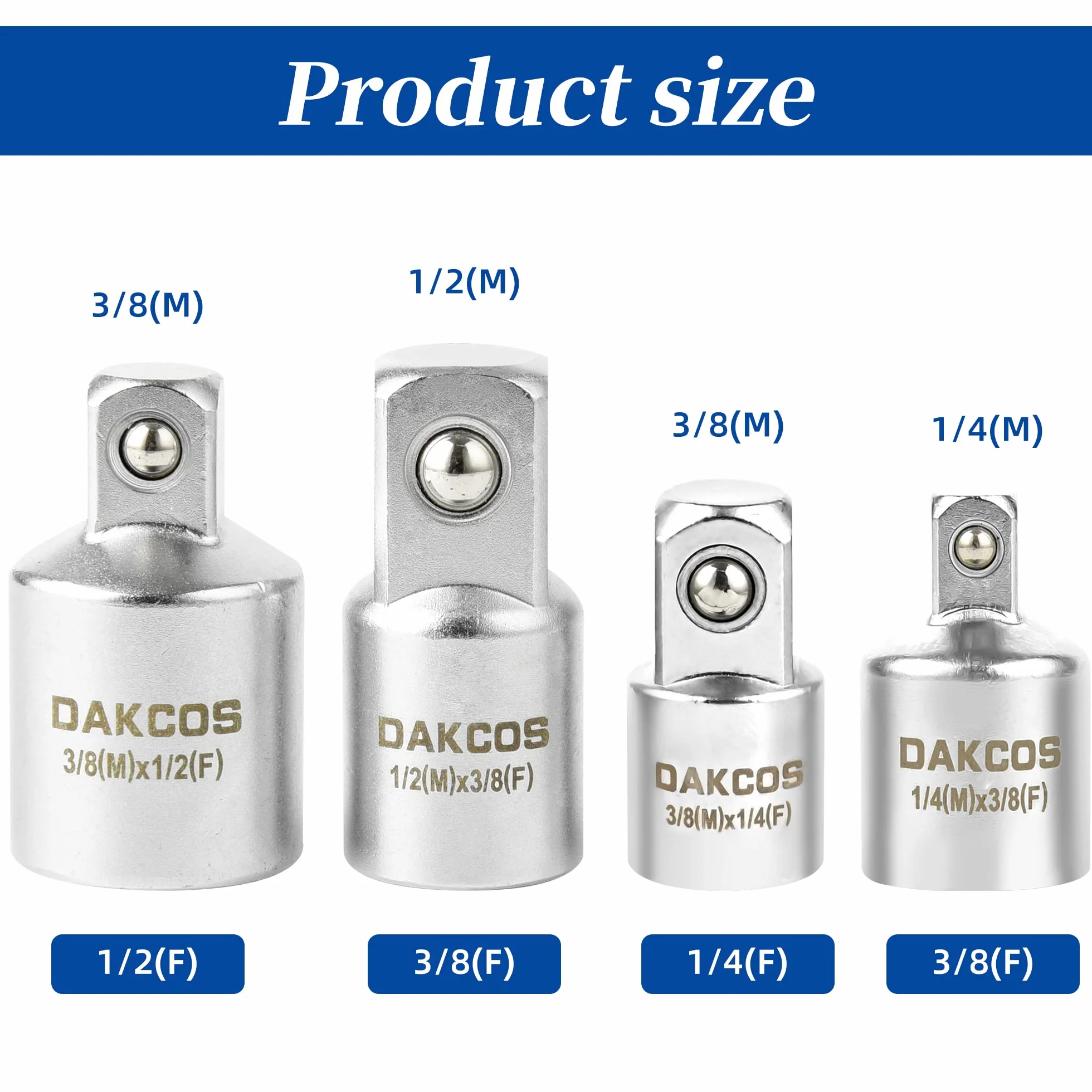 DAKCOS 4-częściowy zestaw adapterów nasadowych i reduktorów do konwersji napędu 1/4" - 3/8" - 1/2", stal chromowo-wanadowa