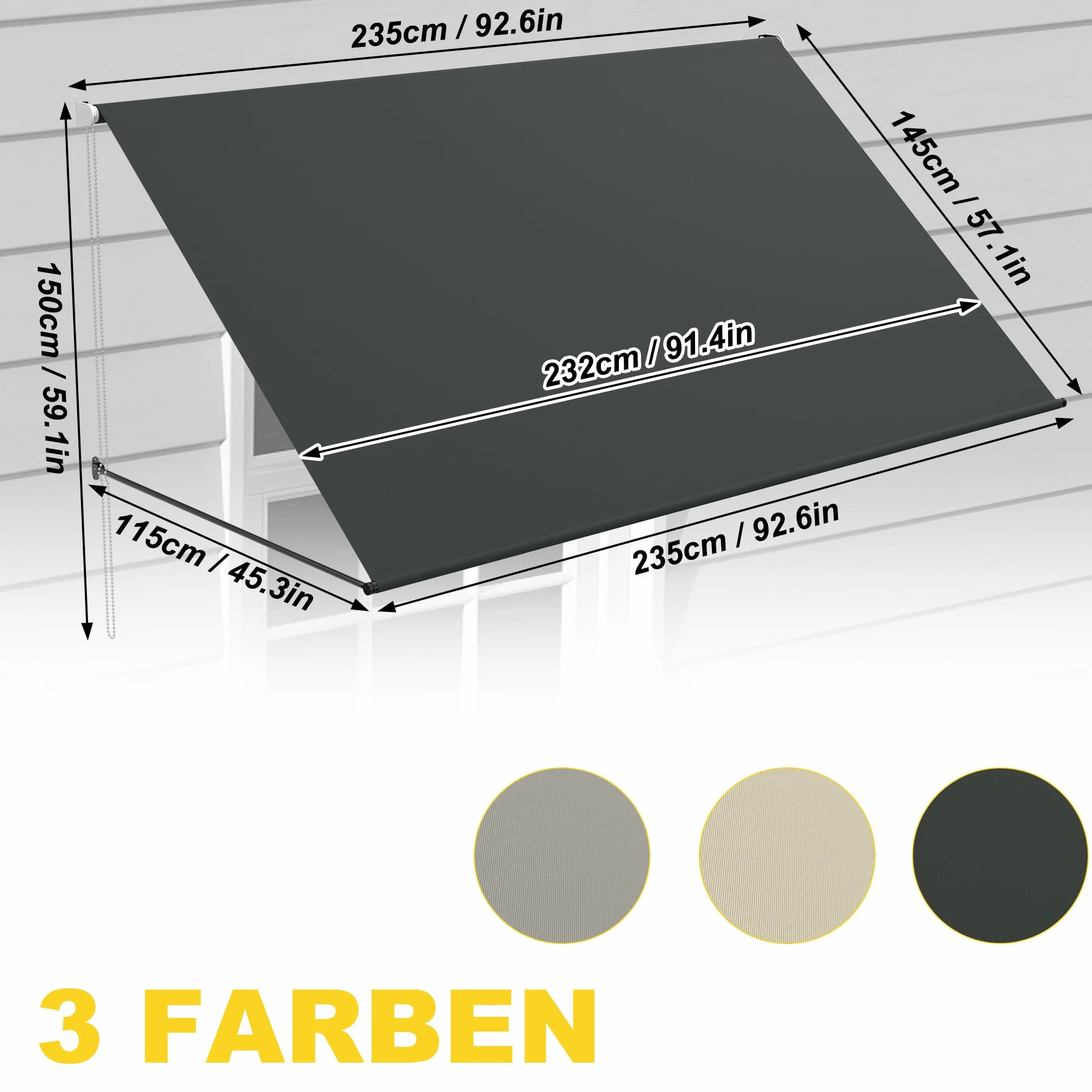 FIVMEN Markiza z ramieniem spadkowym, zwijana, ze sznurkiem i aluminiowym drążkiem podporowym, markiza balkonowa, ochrona przed słońcem na okna, taras, balkon, 235 x 145 cm, antracytowa