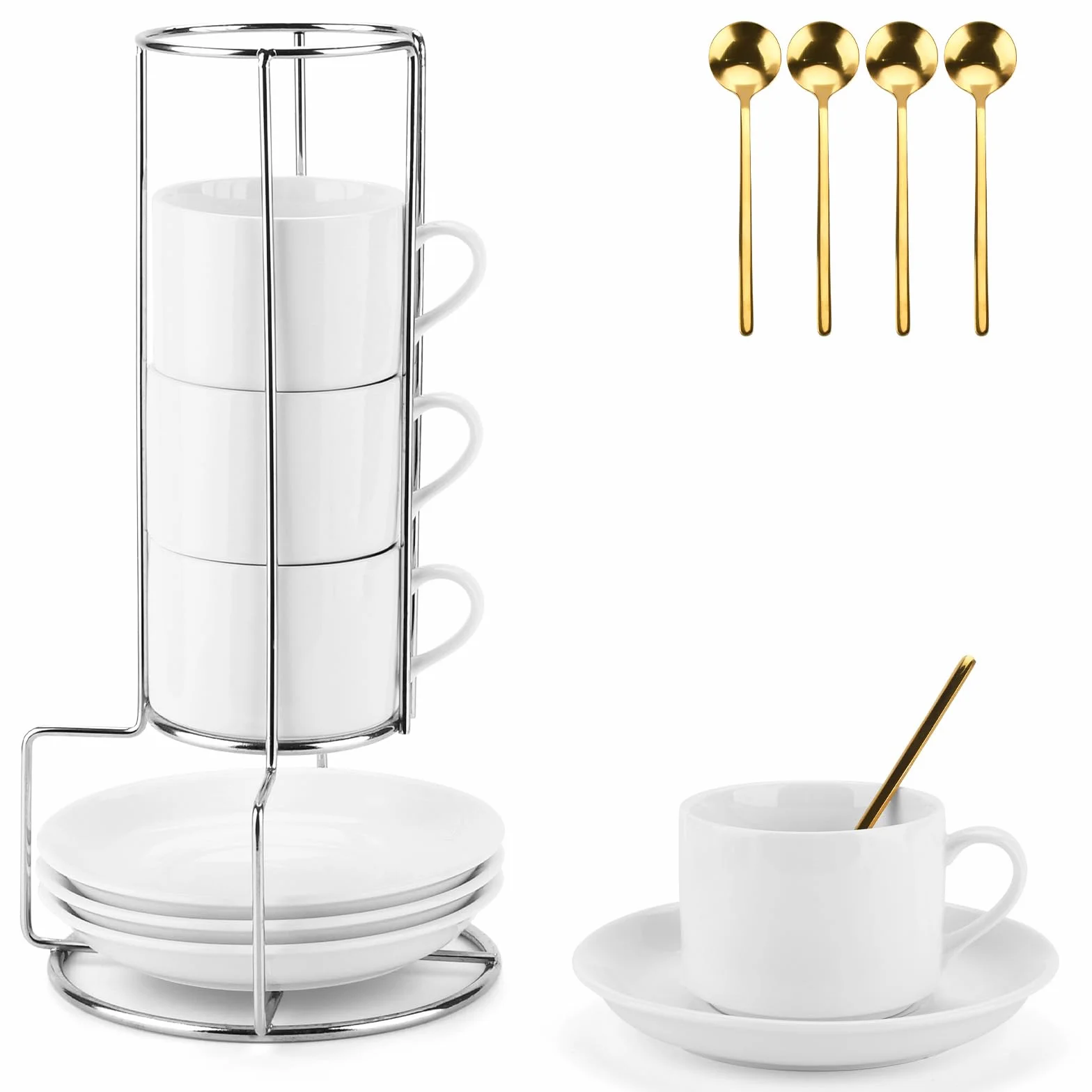 Filiżanki do espresso, zestaw 4 sztuk, 4 x 5oz(160ml), ze spodkiem i podstawką, filiżanki do kawy Espresso Americano, cappuccino, latte i herbaty (z 4 łyżeczkami do kawy)