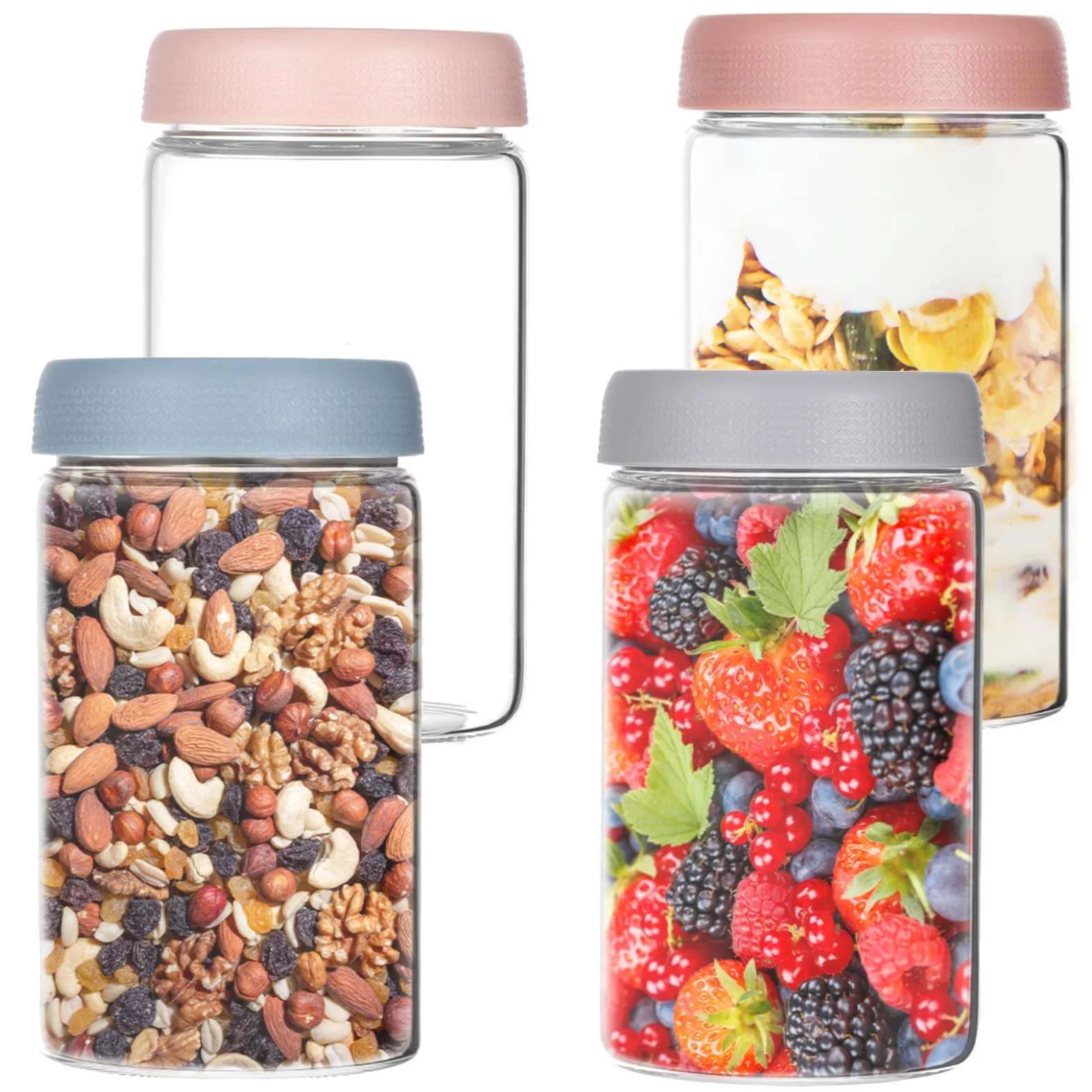 Zocipro Słoiki na owies z pokrywkami, 4 sztuki, 600 ml, słoiki ze szkła borokrzemowego, wielokrotnego użytku, szerokie otwory
