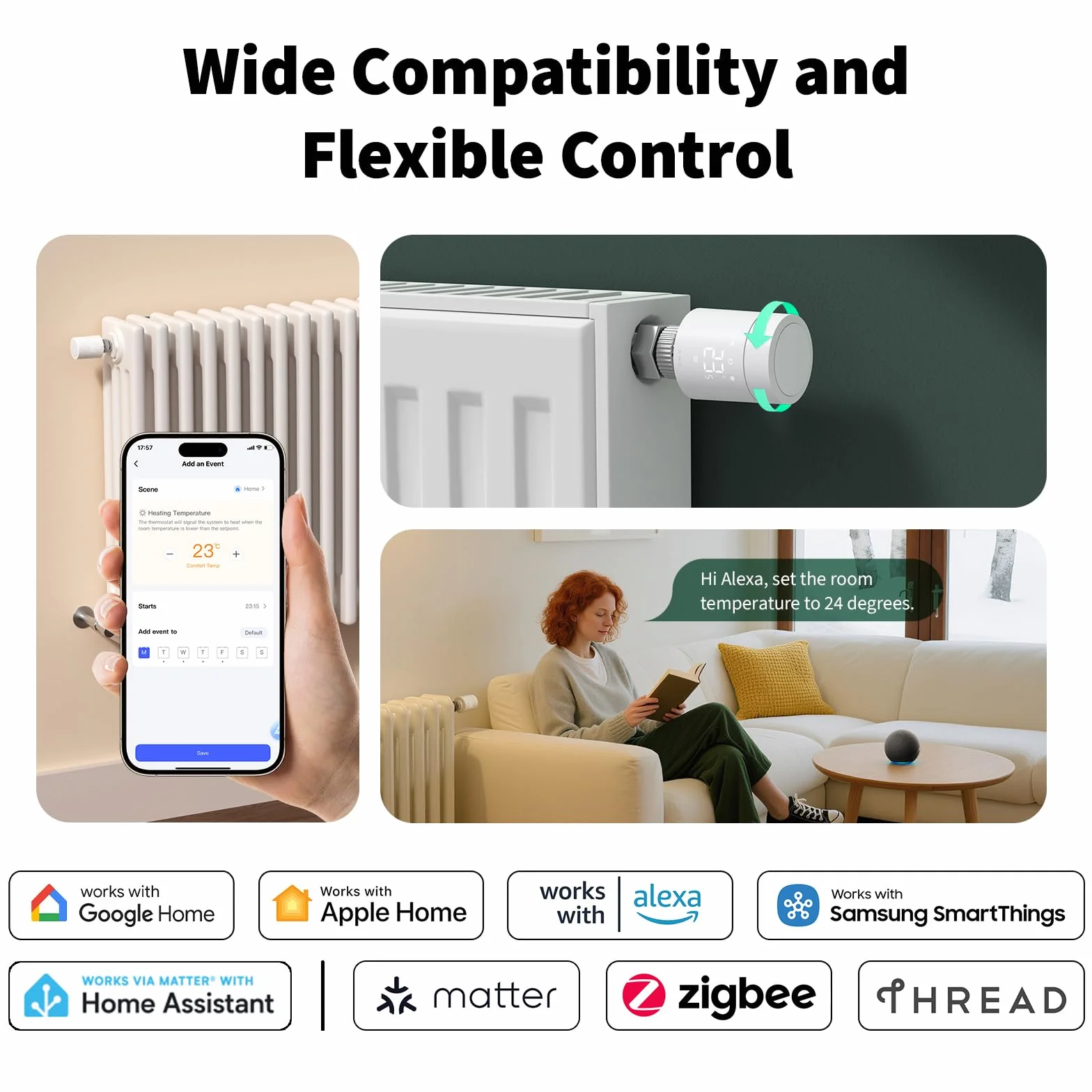 Aqara W600 Inteligentny Termostat Grzejnikowy, Zigbee/Thread, z Oszczędz. Energii, Harmonogramem, Geofencingiem i Długą Żywotnością Baterii. Zgodny z Apple Home, Home Assistant, Alexa, Google Home