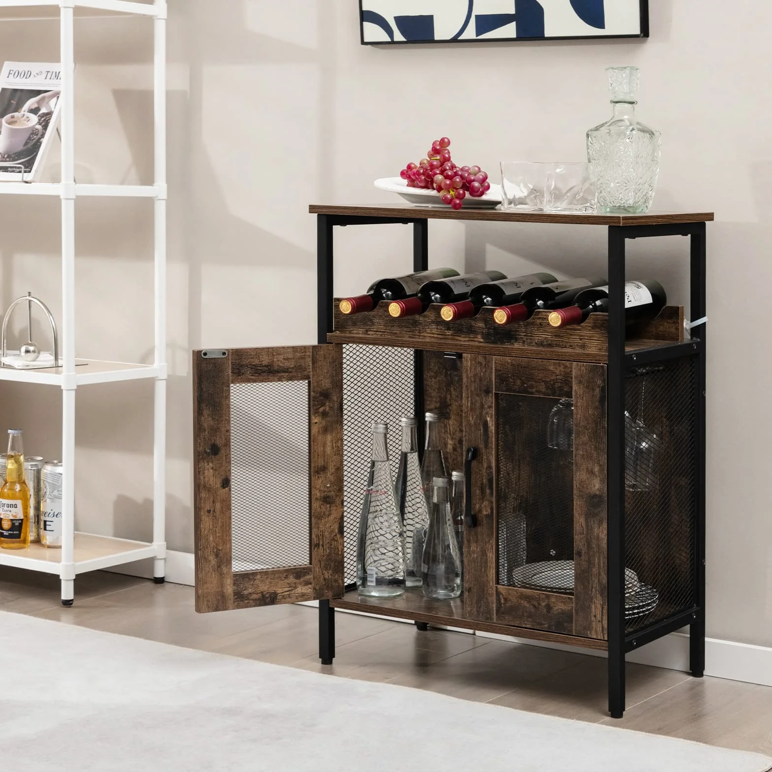 KOMFOTTEU Szafka na wino ze zdejmowanym regałem na wino i 6 uchwytami na szklanki, stojak na butelki 60 x 34 x 79 cm, komoda w stylu vintage z drewna, szafka kuchenna, stojak na wino do kuchni