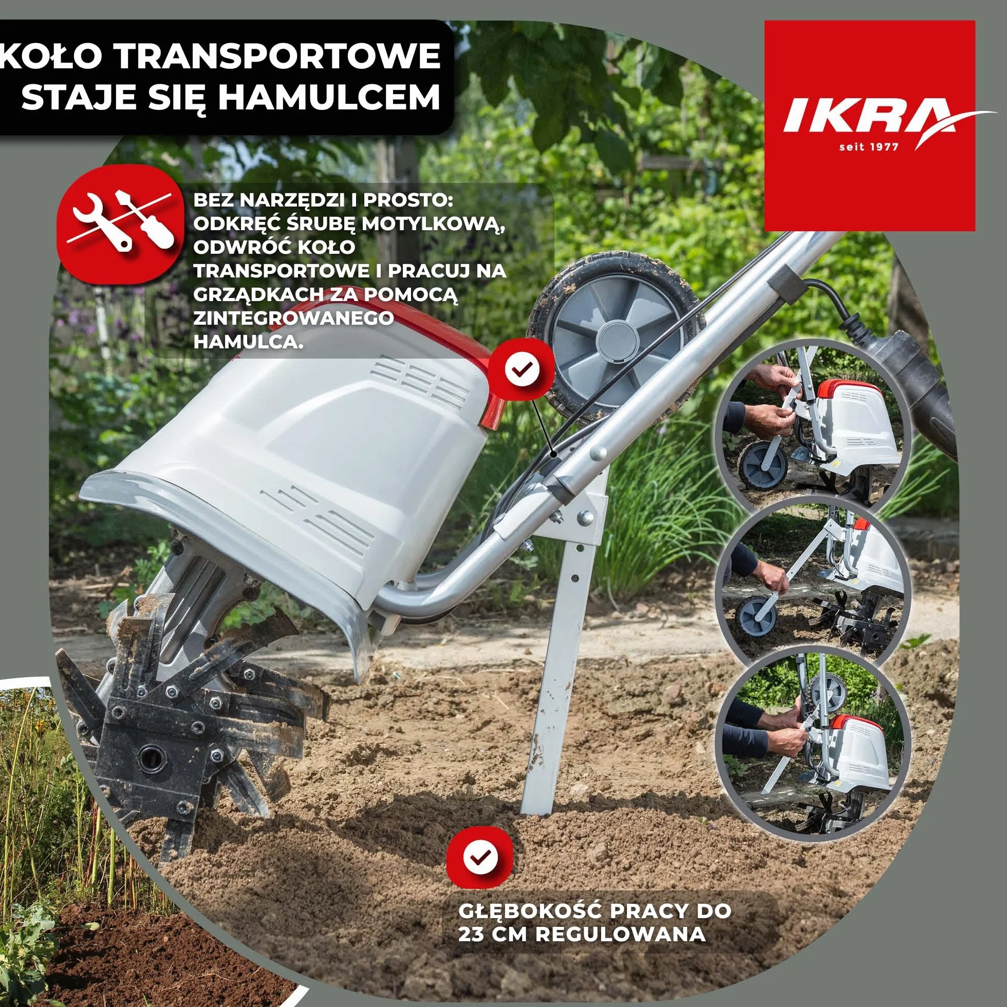 IKRA Glebogryzarka elektryczna FEM 1500 elastyczna szerokość robocza 17-45 cm głębokość robocza do 23 cm moc 1500 W