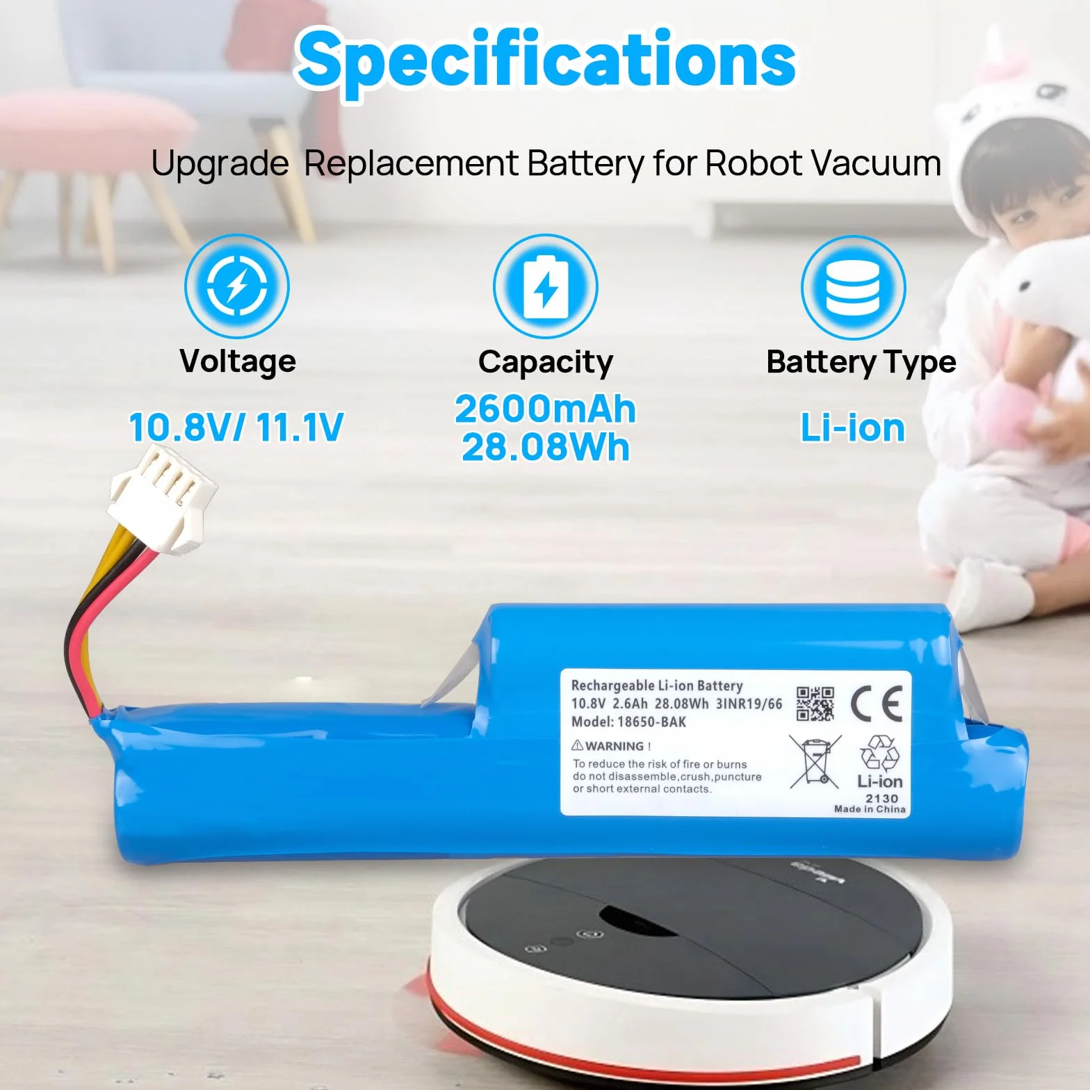 Bateria 2600 mAh kompatybilna z Vileda VR 102, VR One, VR 201 Pet Pro i VR 303 Roboty Odkurzacze, bateria kompatybilna z Vileda R9VR102, 167129, 0769-03, 18650-AA