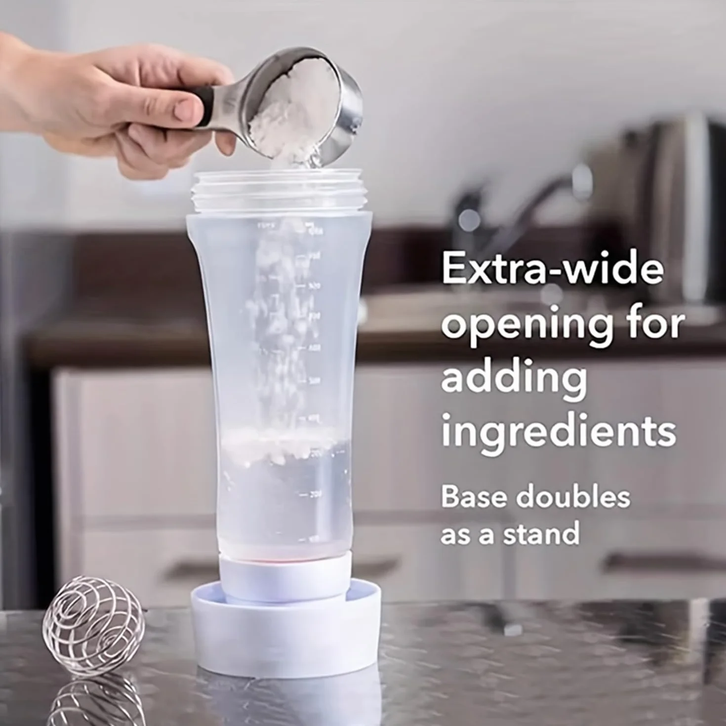 Dozownik do ciasta ze skalą, dozownik do ciasta o pojemności 1000 ml z trzepaczką BlenderBall, do naleśników, gofrów, muffinek lub pączków (biała)
