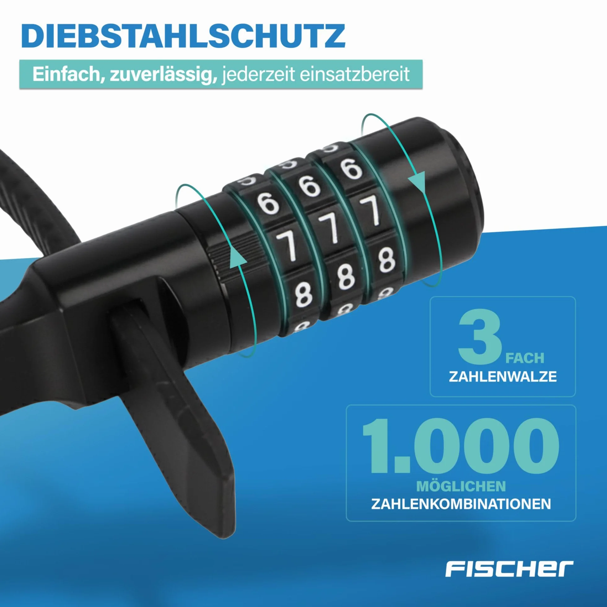 FISCHER Zamek rowerowy, specjalny zamek z zamkiem szyfrowym, do roweru, kasku lub jazdy na nartach, czarny, długość: 53 cm
