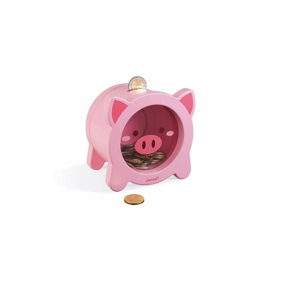 Janod - Wooden Children’s Piggy Bank 5.9 inch - See-Through Side and Magnetic Opening - Children's Room Decoration - Suitable for Ages 3 and Up, J04653