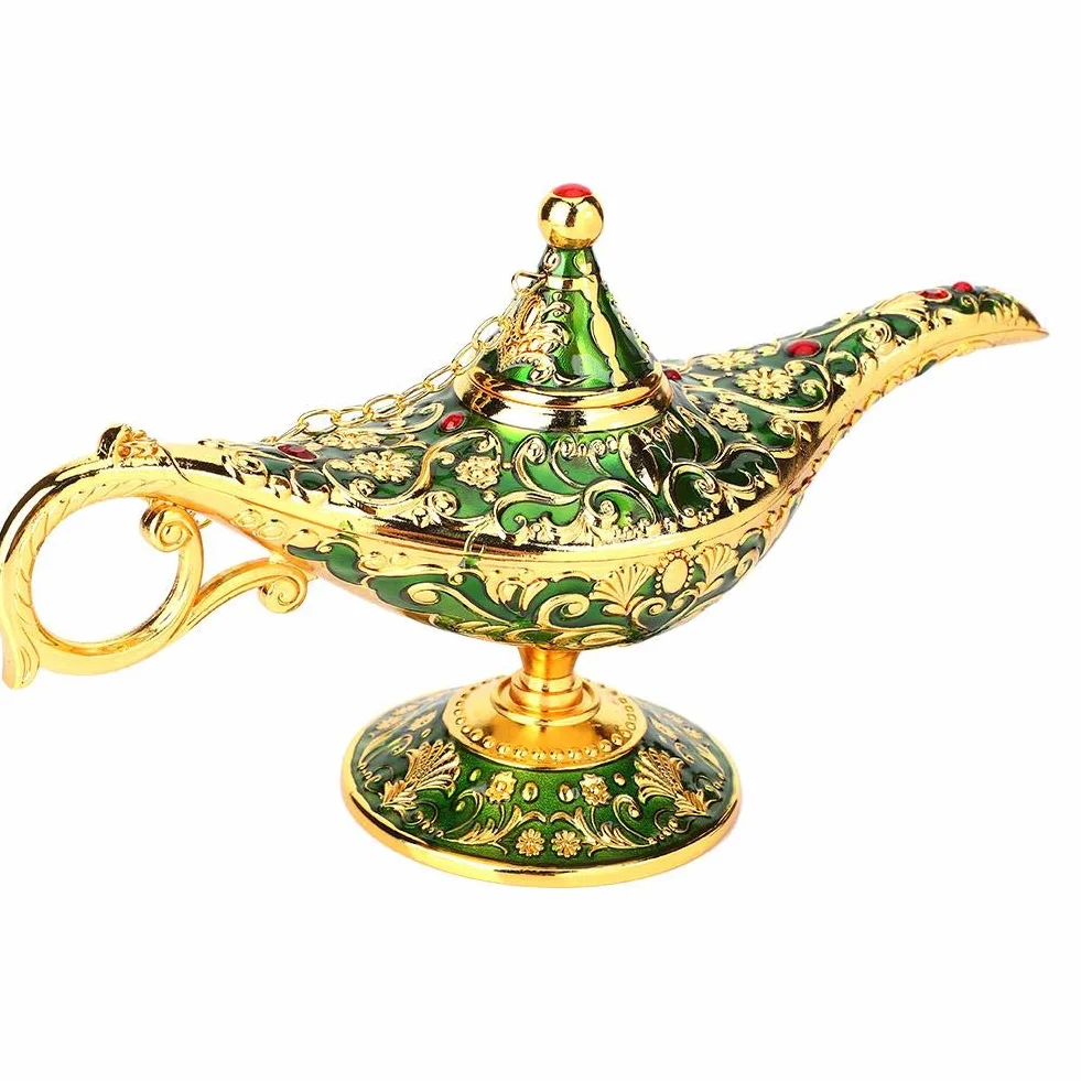 Vintage Collectable Rzadka legenda Aladdin Magic Genius lampy kadzidła palnik Aladdin wspaniała lampa olejna arabska genialna lampa genialna lampa do dekoracji stołu w domu i (zielona)