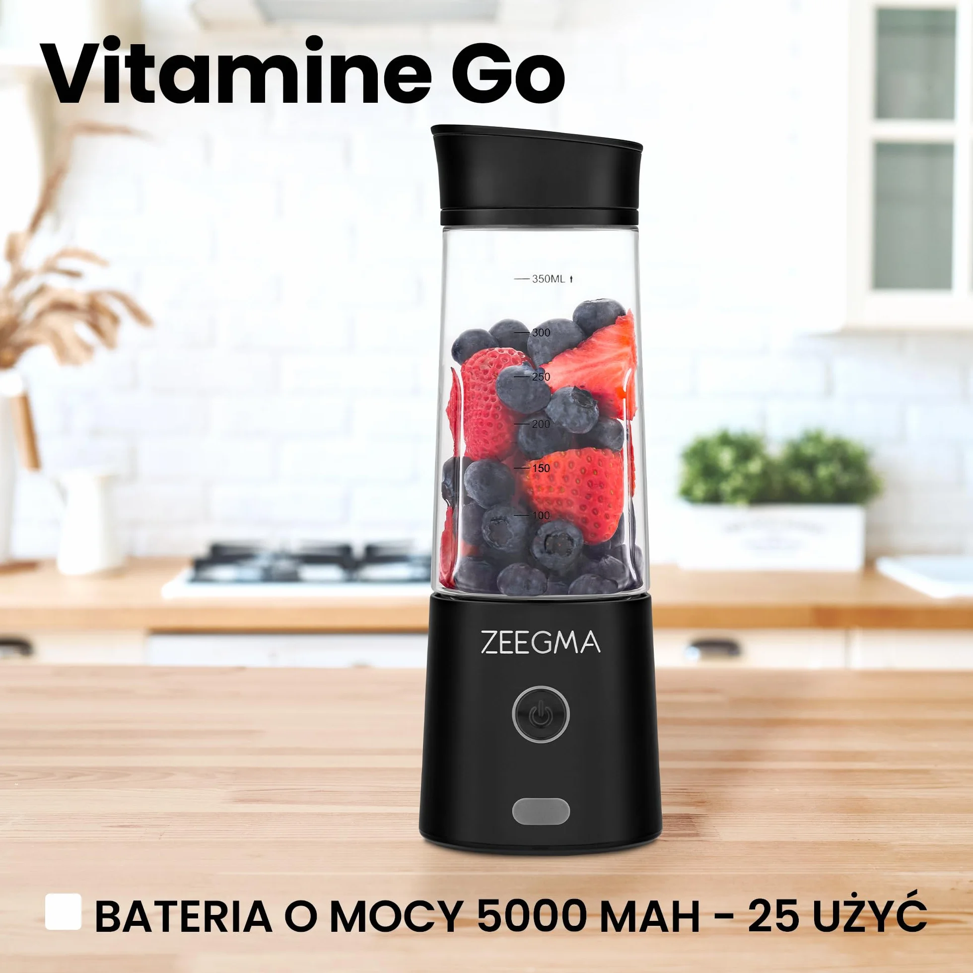 ZEEGMA VITAMINE GO Przenośny Blender do Koktajli i Smoothie 300W, Osobisty Mikser, Mini Blender 450 ml z 6 ostrzami, 2 Prędkości Bateria 5000 maH, 25 użyć na jednym naładowaniu (Czarny)