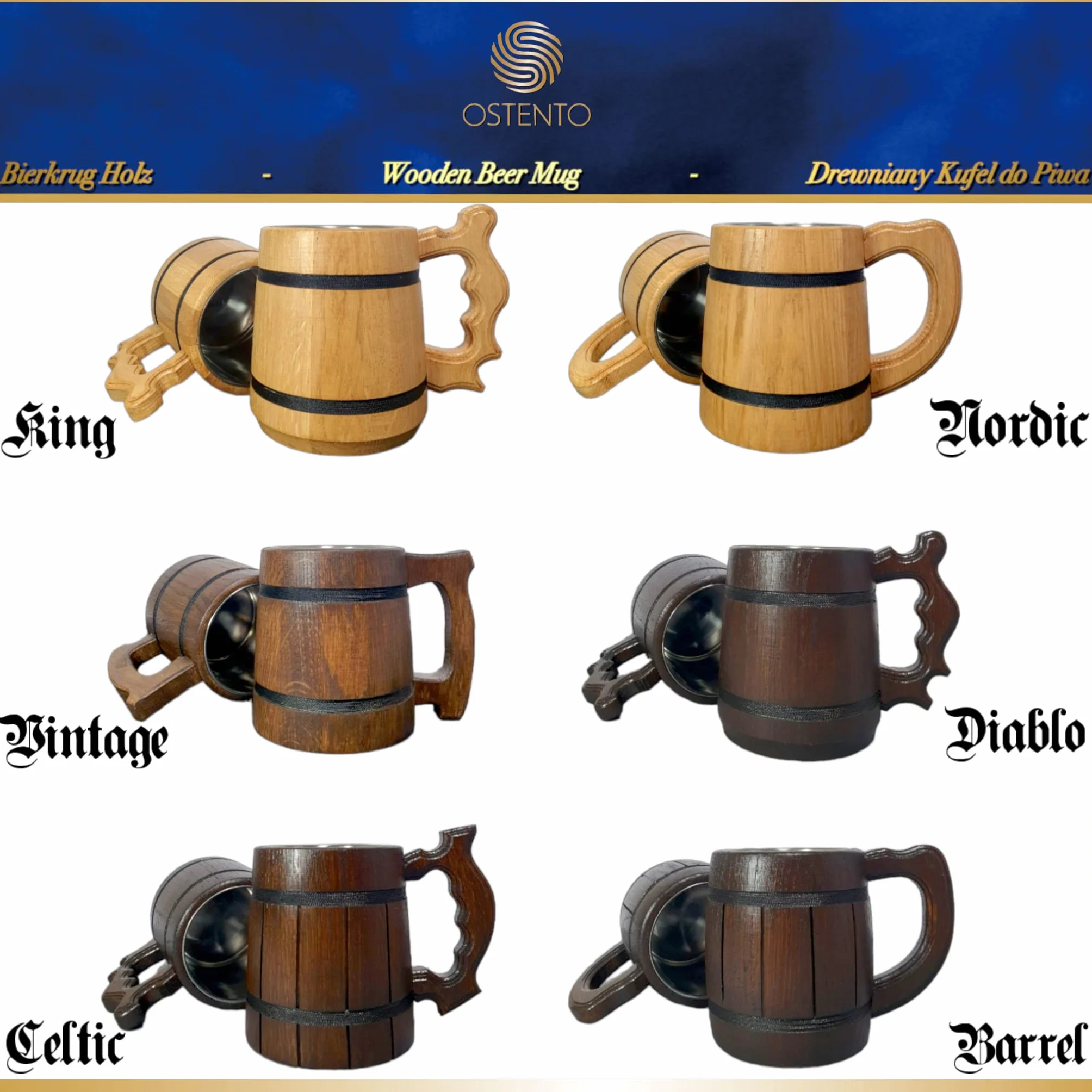 Drewniany Kufel do Piwa 500 ml z Dębu i Stali Nierdzewnej, Duży Kubek na Napoje, Made in UE (Diablo)