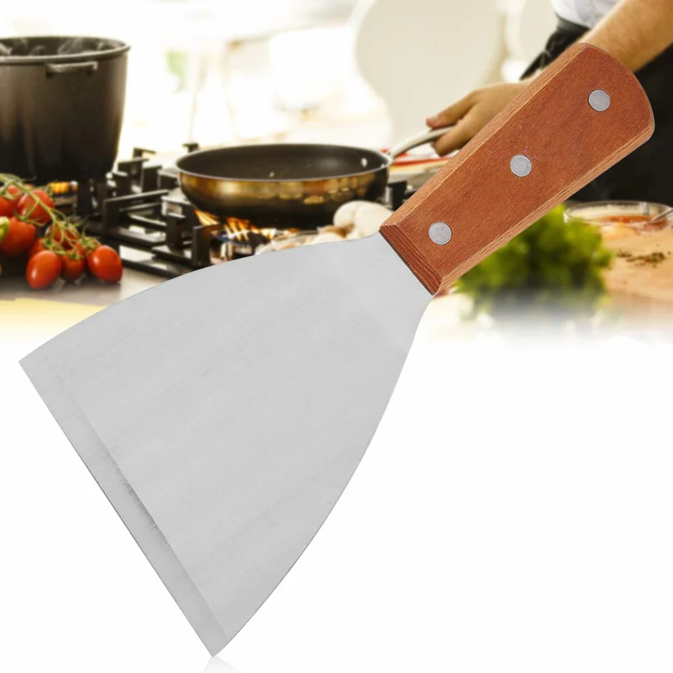 Smash Burger Łopatka Griddle Skrobak Drewno + Stal Nierdzewna Stal Nierdzewna Nieprzywierająca Odporny na Ciepło Bbq Grill Beafsteak Łopatka Turner Narzędzie Kuchenne