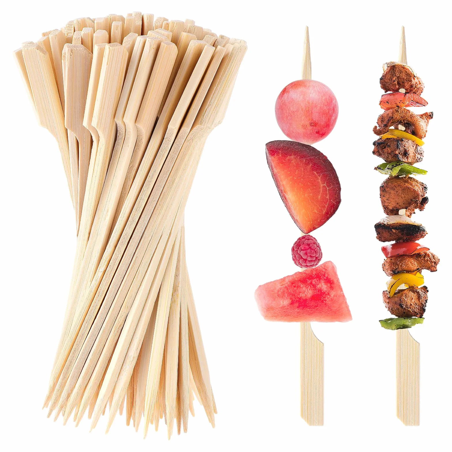 Bambusowe szpikulce 15 cm, 100 szt. bambusowych patyczków do przystawek koktajlowych, wykałaczek, szaszłyków kebab, patyczków drewnianych do koktajli, owoców, grillowania, napojów, BBQ, fondue (6 cali