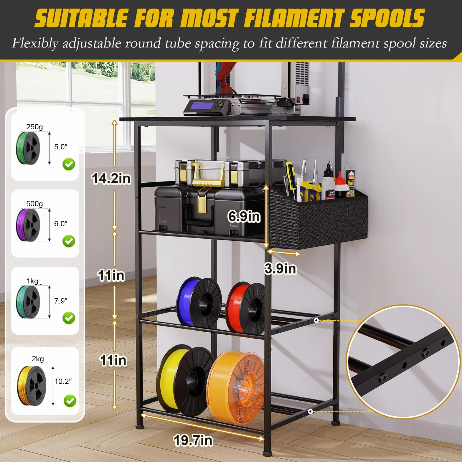 Stolik do drukarki 3D, 5-poziomowy stojak na drukarkę, metalowa szafka na drukarkę z miejscem na filament i kieszenią boczną, regał na drukarkę do mocowania na ścianie, do biura, domu, szkoły