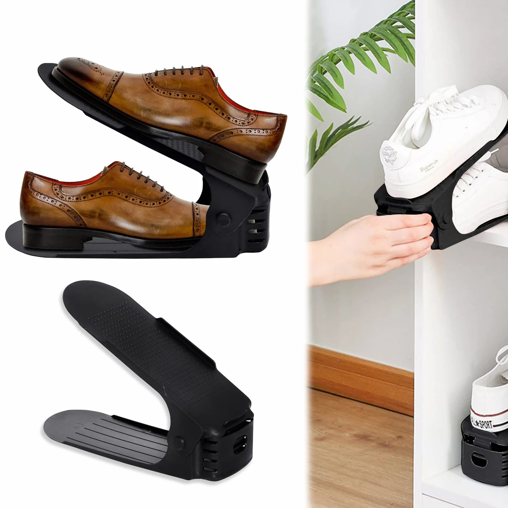 Froadp 60 szt. Regulowany Organizer na Buty Ntypoślizgowa Układarka do Butów z 3 regulowanymi Wysokościami Organizer na Buty Dwuwarstwowy Zestaw do Układania Butów Przechowywaniu Butów (Czarny)