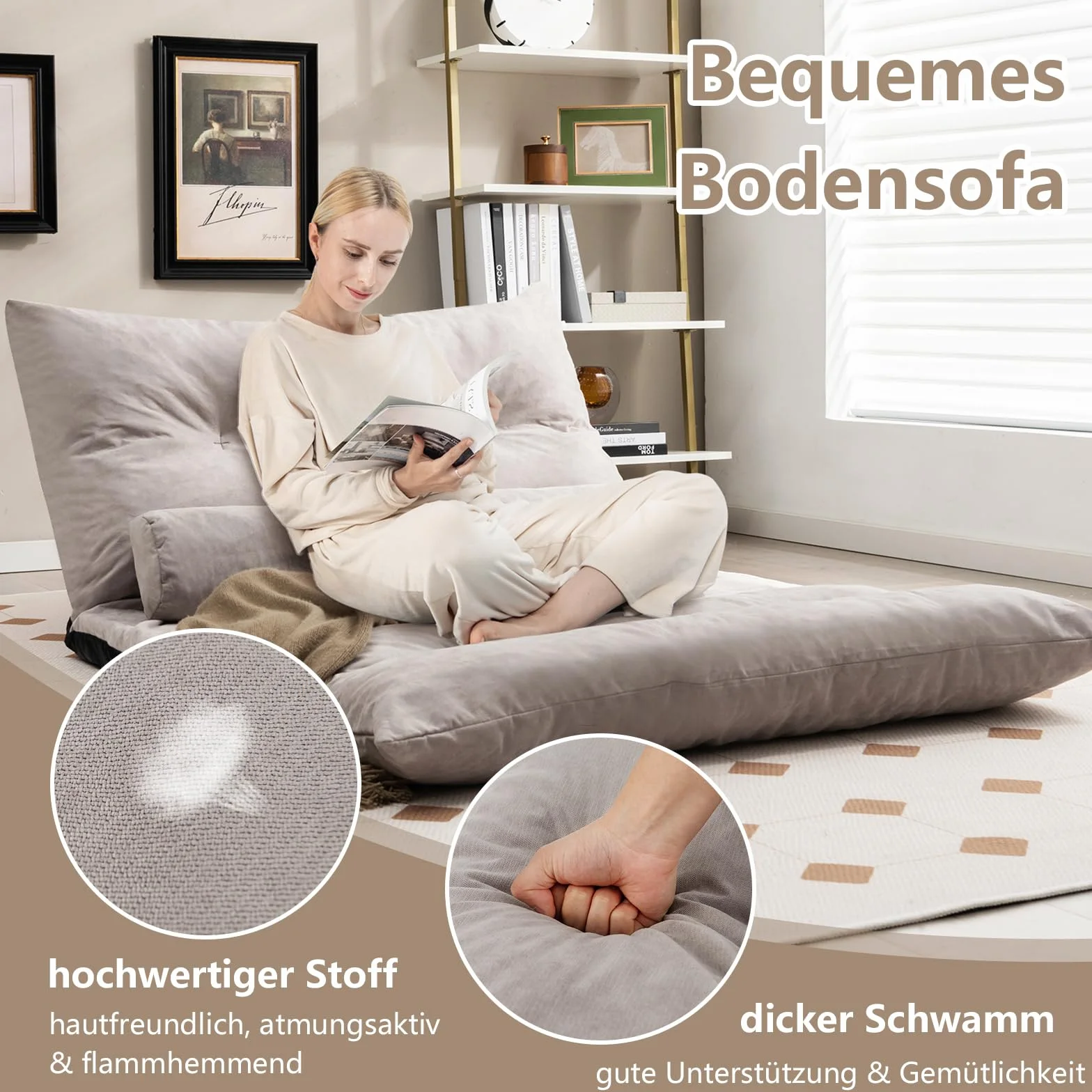 COSTWAY Składana sofa podłogowa 3 w 1 z funkcją spania i regulowanym oparciem, sofa z 2 poduszkami lędźwiowymi, składana sofa, fotel do spania do salonu i sypialni, kolor szary, TG32341SDDE