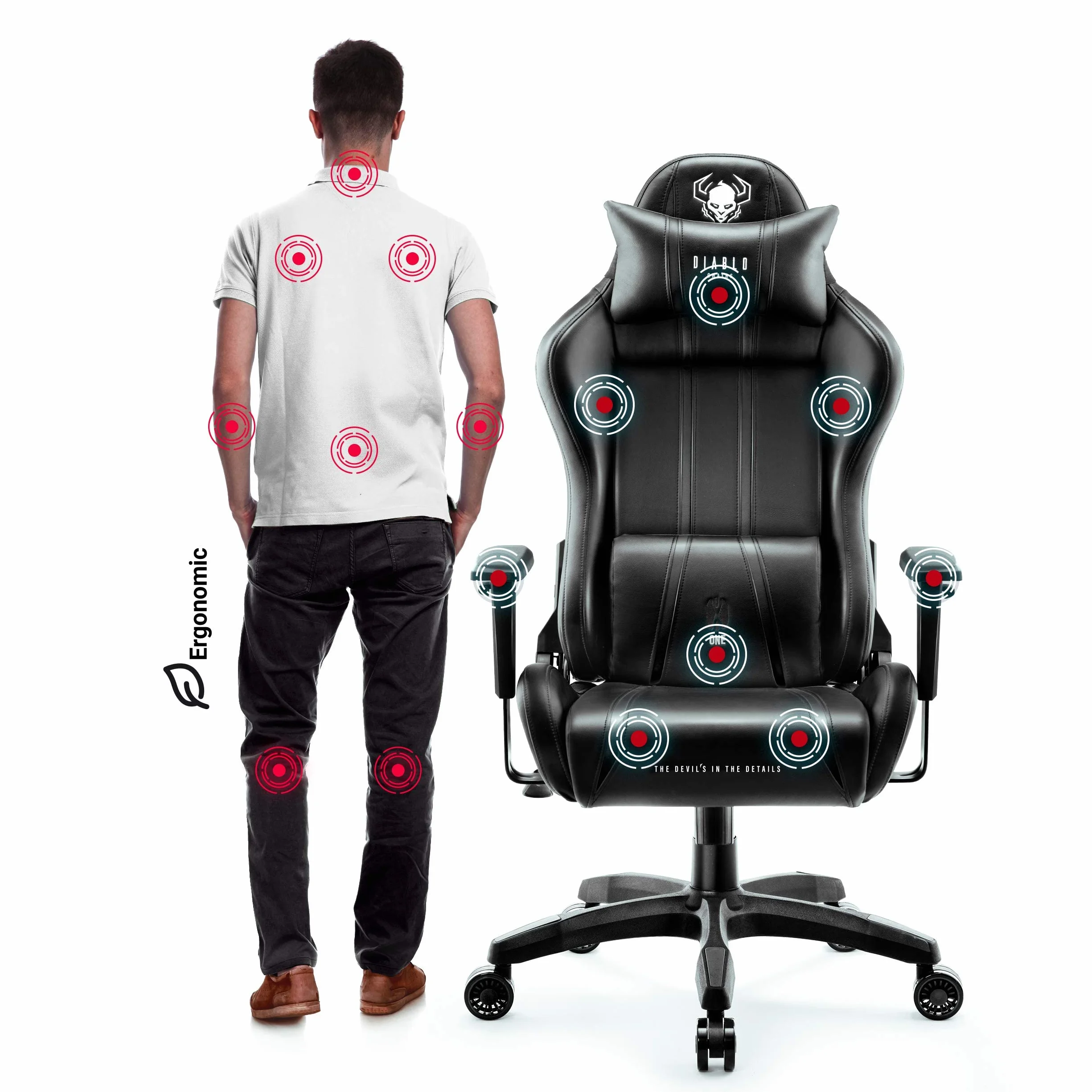 Diablo X-One 2.0 Fotel Gamingowy Krzesło Biurowe Dla Gracza Obrotowy Regulowane Podłokietniki Ekoskóra Ergonomiczny Design Funkcja Bujania Poduszka Pod Kark i Lędźwie (Czarno-czarny, Normal)