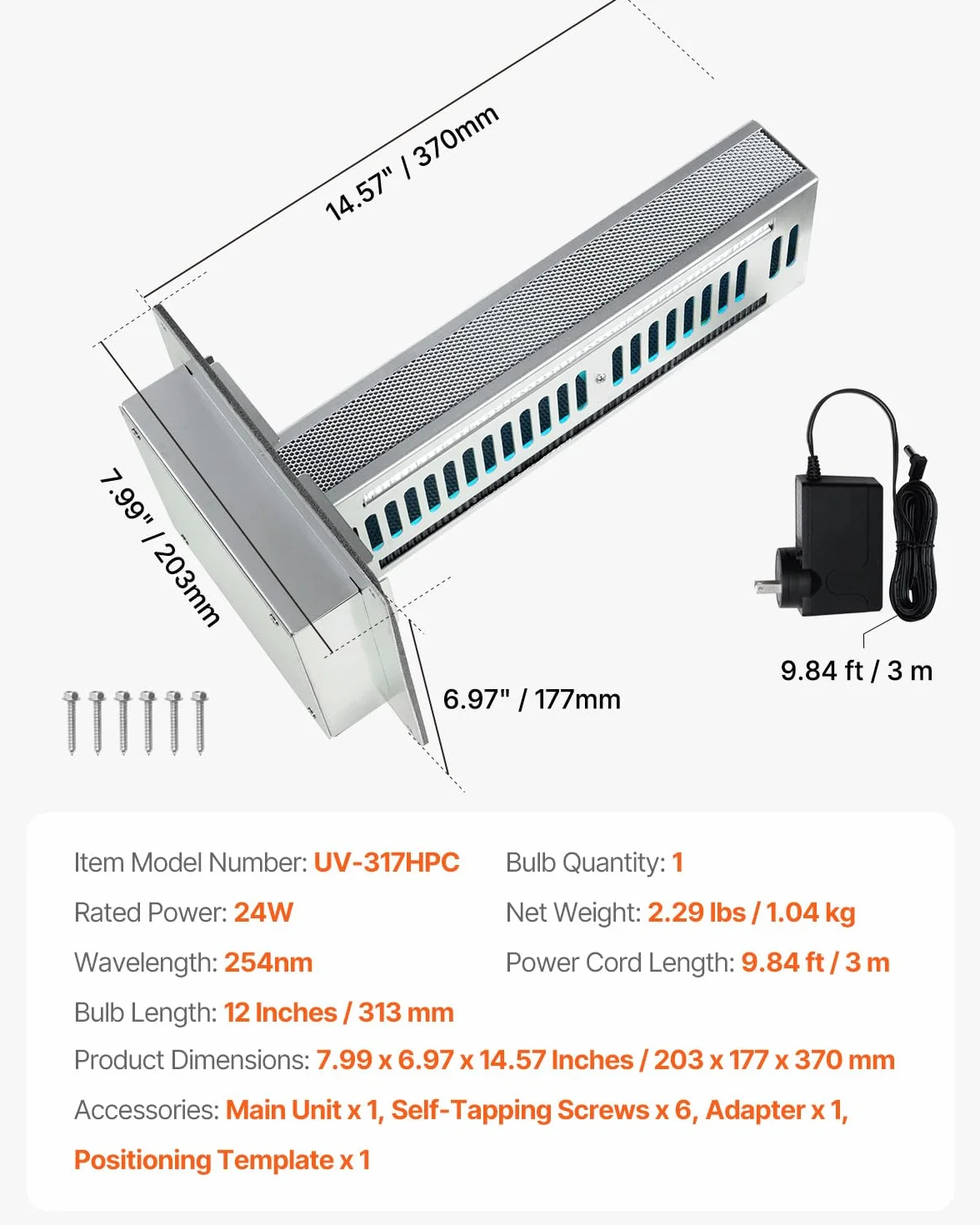 VEVOR Oczyszczacz powietrza do kanału HVAC do domu, 24 W, oczyszczacz powietrza, kanał klimatyzacyjny, 254 nm, z 2 żarówkami, filtr węglowy, wydajne oczyszczanie, do systemów klimatyzacji