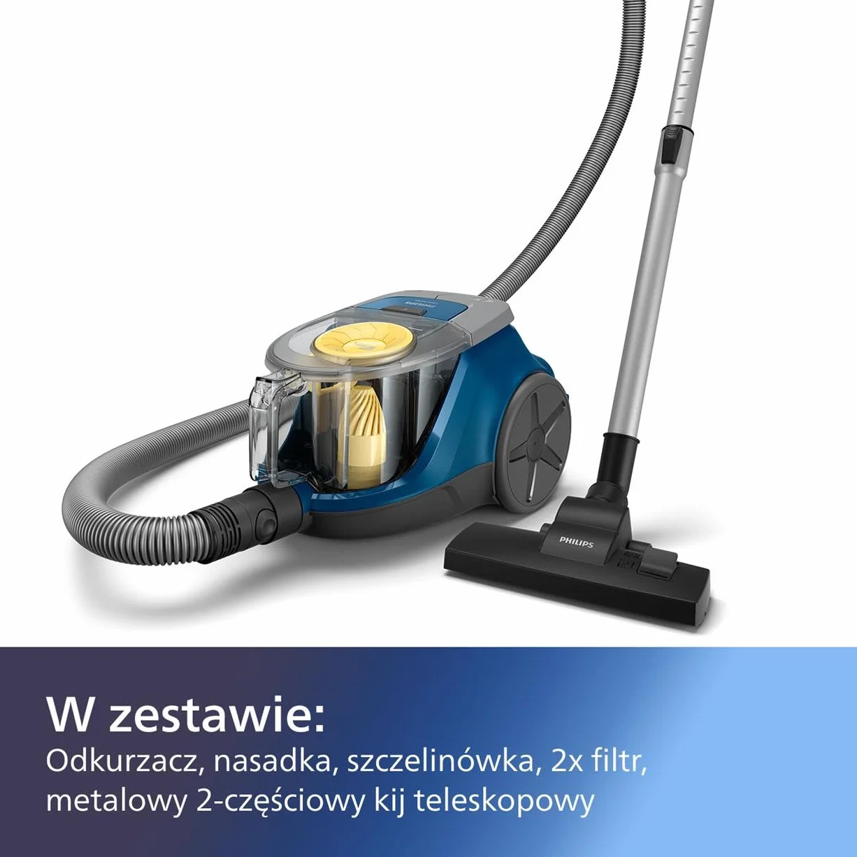 Philips Odkurzacz bezworkowy z Serii 2000, duża moc ssania - 850W, Filtr Super Clean Air, Technologia PowerCyclone 4, Uniwersalna Nasadka do każdego typu podłóg, mały i lekki, niebieski (XB2125/09)