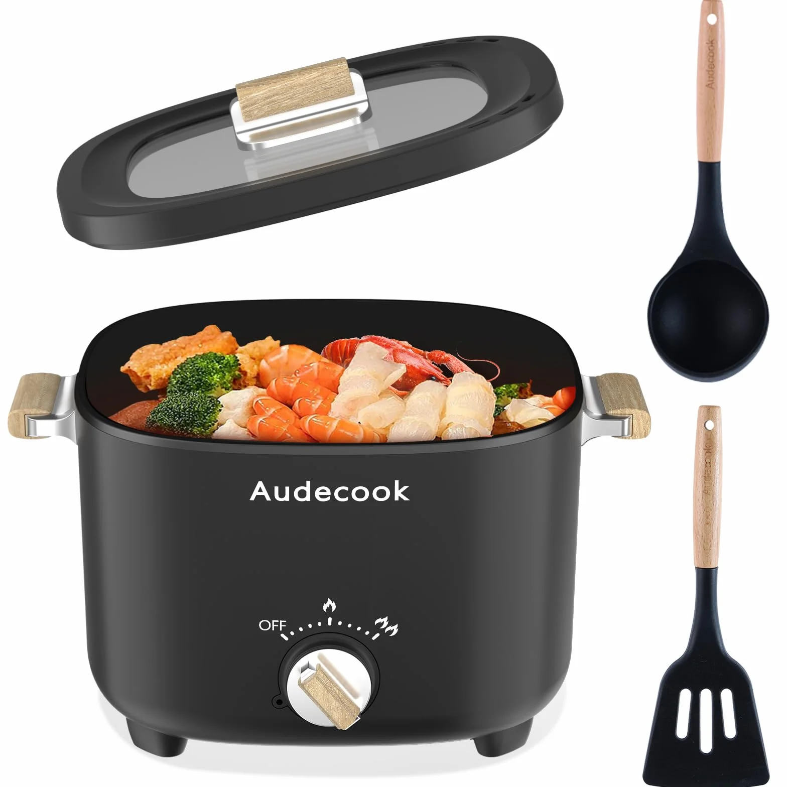 Audecook Elektryczny garnek do gotowania na gorąco, pojemność 2,5 l, przenośna kuchenka wielofunkcyjna dla 1-3 osób, powłoka zapobiegająca przywieraniu o strukturze plastra miodu, elektryczny garnek