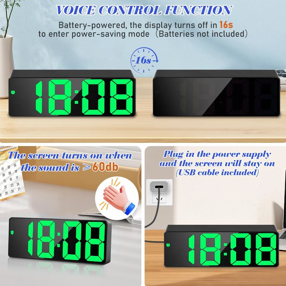flintronic Cyfrowy budzik, cyfrowy budzik LED z dużymi cyframi, zegar stołowy z wyświetlaczem temperatury i alarmami, cyfrowy zegar zasilany przez USB, budzik nocny z funkcją drzemki/regulowanym