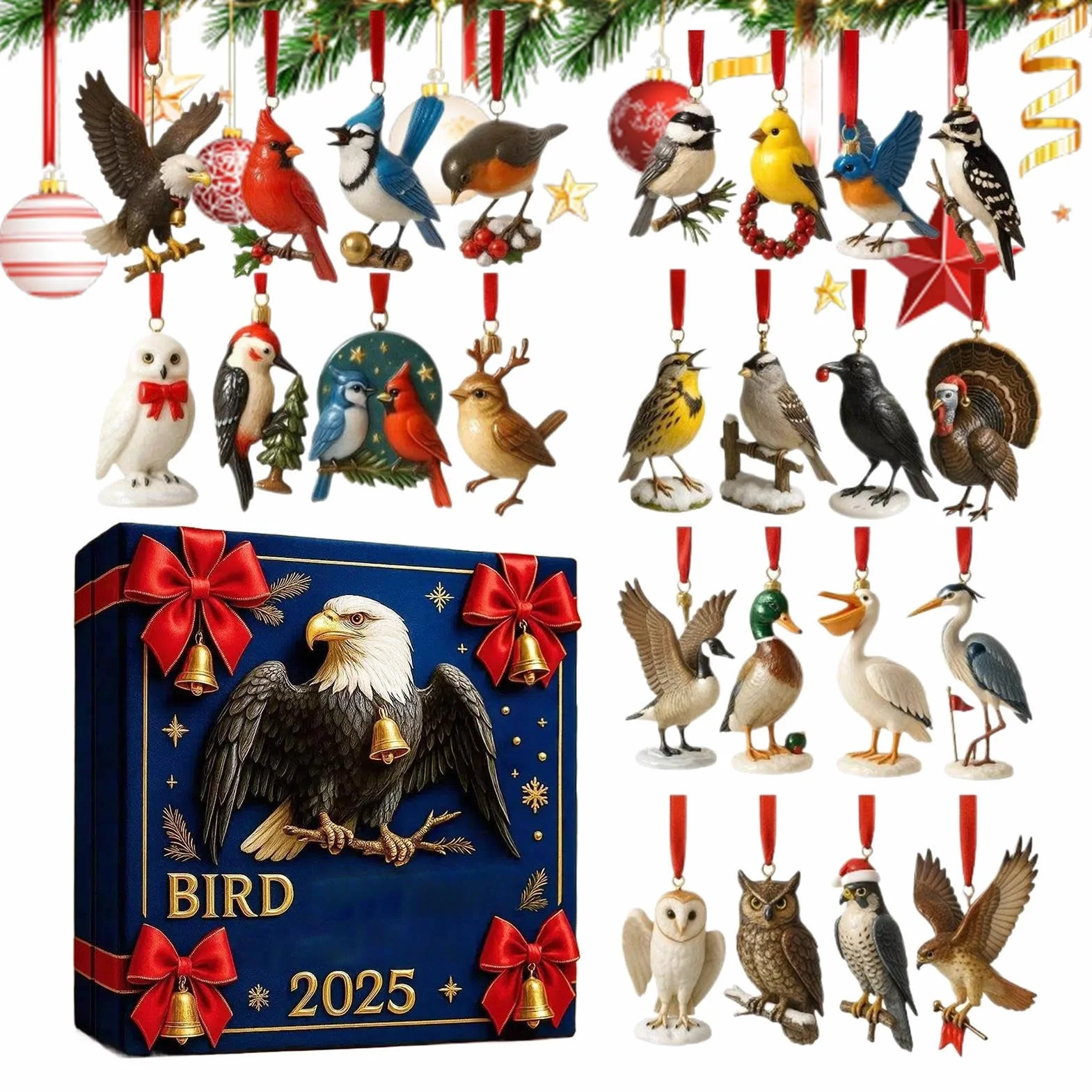Kalendarze adwentowe Bird 2025, kalendarz odliczający do Bożego Narodzenia z 24 różnymi 2D akrylowymi zawieszeniami z ptakami, 2D akrylowe zawieszenia z ptakami na dekorację wiszącą dla miłośników