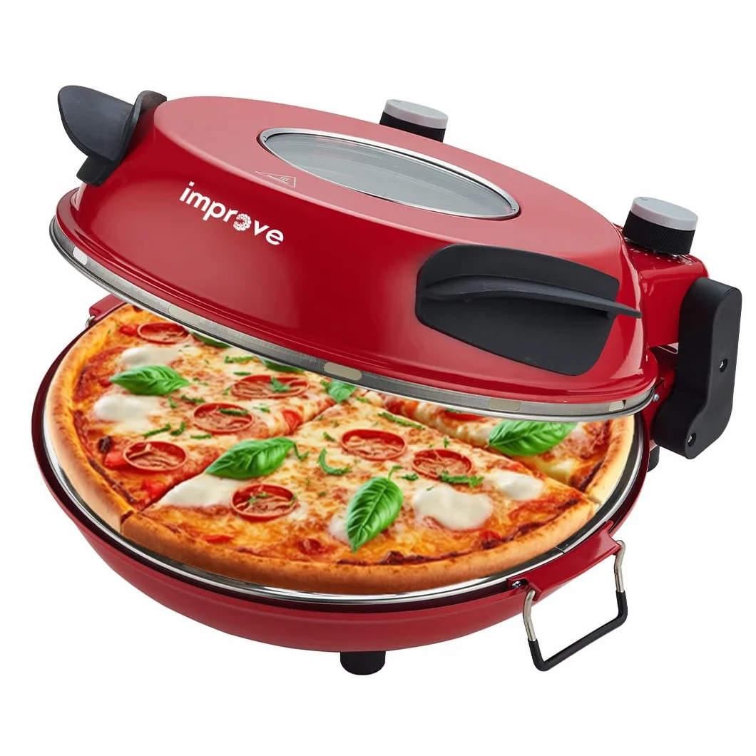 Piec do pizzy IMPFEP33BPB, czerwony, kamień ogniotrwały, 1200 W, termostat 5 stopni