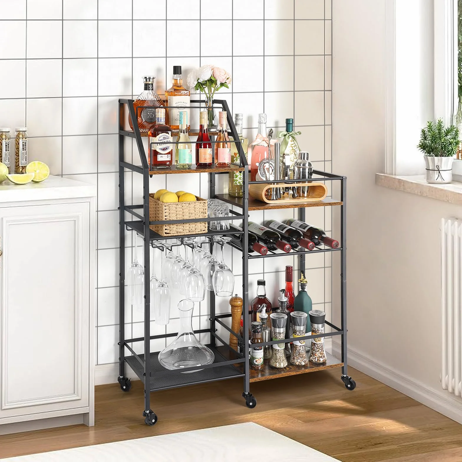 Bikoney Stojaki na Wino Wolnostojące, Duży Wyświetlacz do Przechowywania Wina z Wózkiem Barowym, Stojak na Wino Wystroju Domu, Wózek na Alkohol, Szafka na Alkohol do Baru, Kuchni, Jadalni